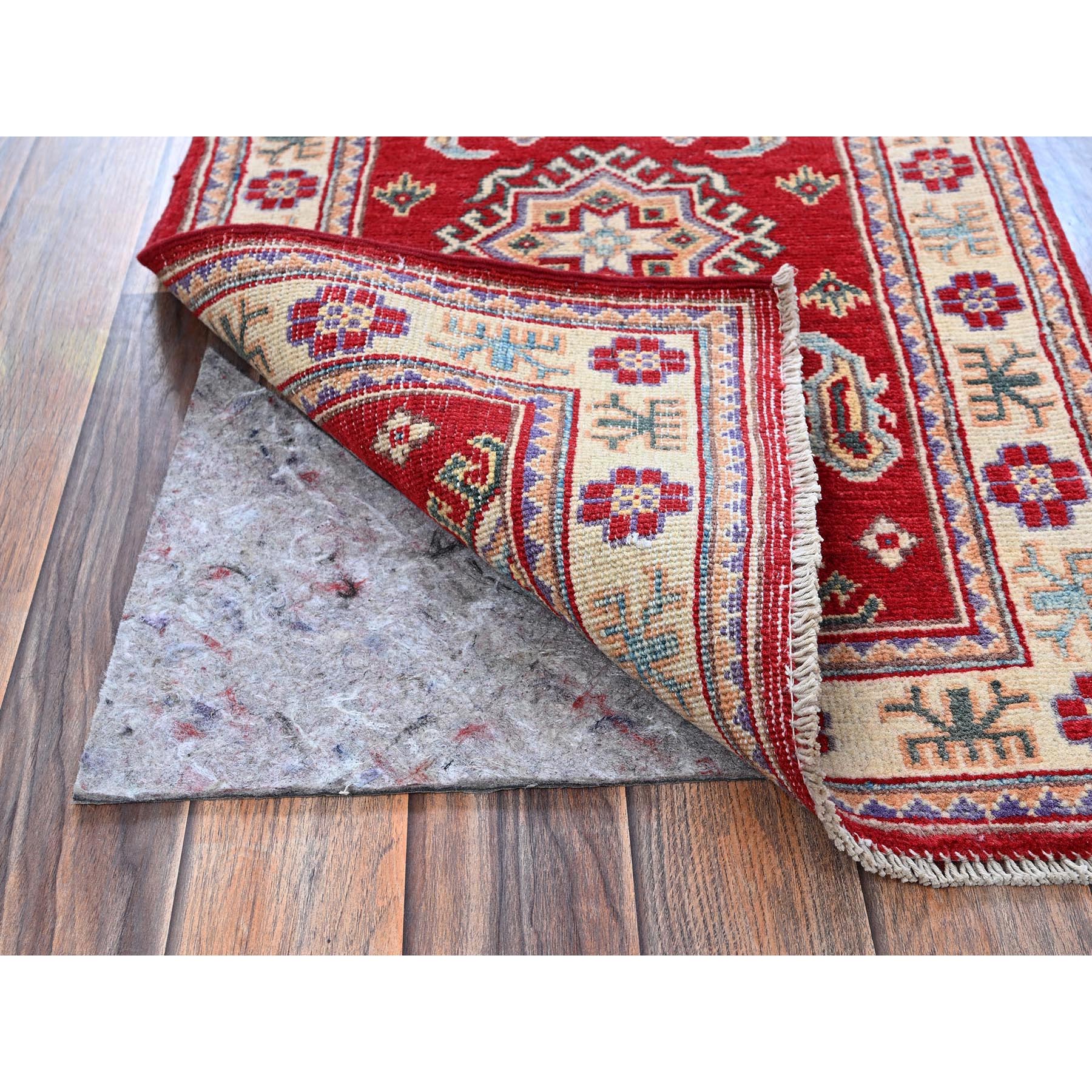 2'x3' Crimson Red, Kazak with Geometric Medallion Design, Vegetable Dyes, Soft Wool, Hand Knotted, Denser Weave, Sample, Mat, Oriental Rug Sh383