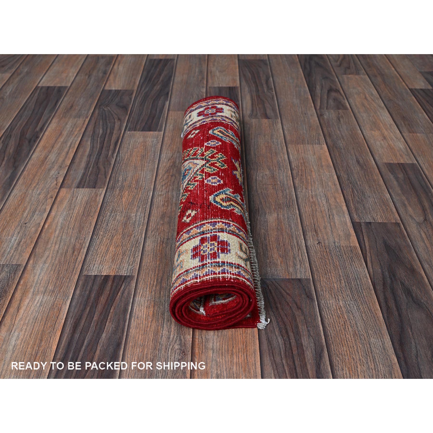 2'x3' Crimson Red, Kazak with Geometric Medallion Design, Vegetable Dyes, Soft Wool, Hand Knotted, Denser Weave, Sample, Mat, Oriental Rug Sh383