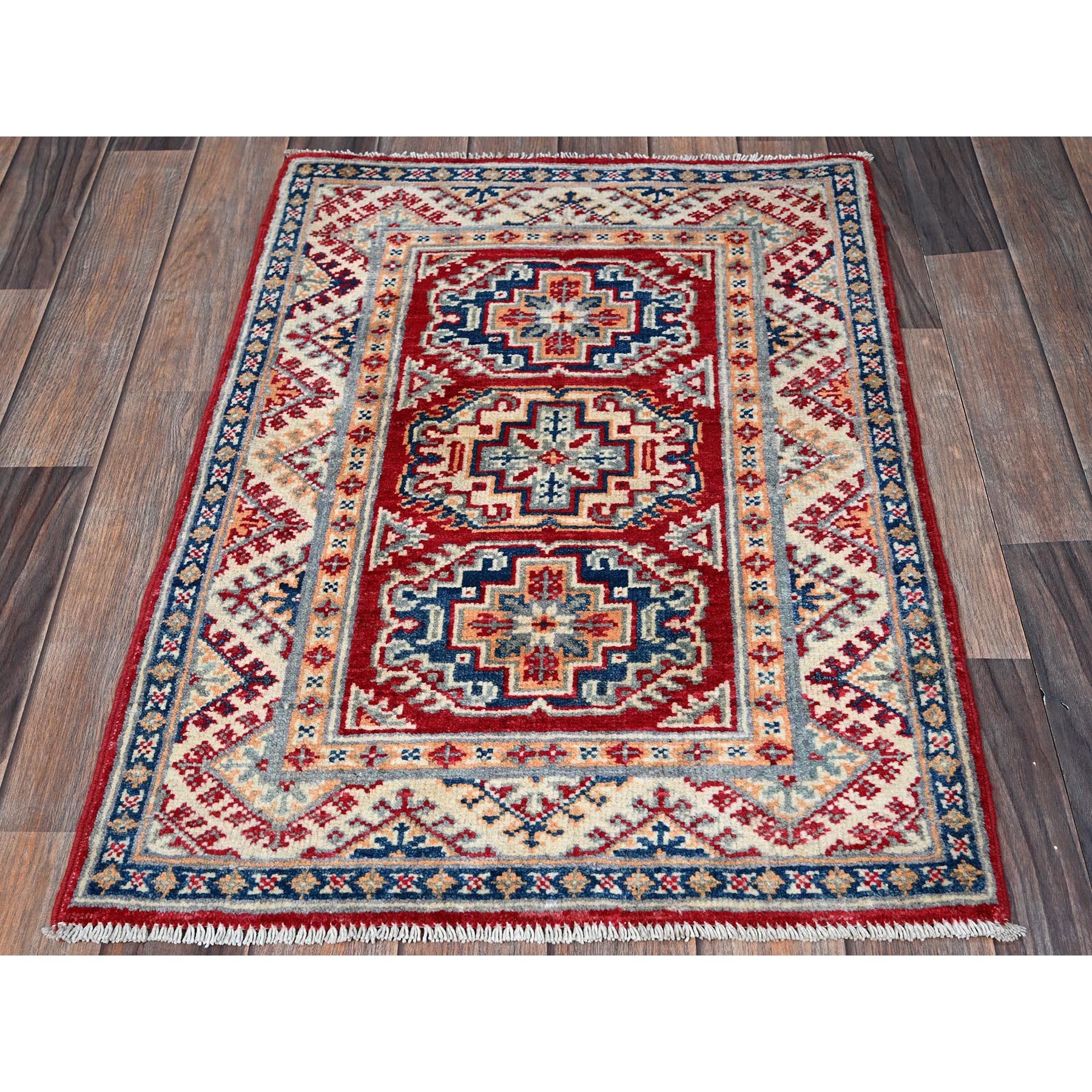2'x3' Berry Red, Kazak with Geometric Medallions Design, Hand Knotted, Soft Wool, Natural Dyes, Denser Weave, Sample, Mat, Oriental Rug Sh384