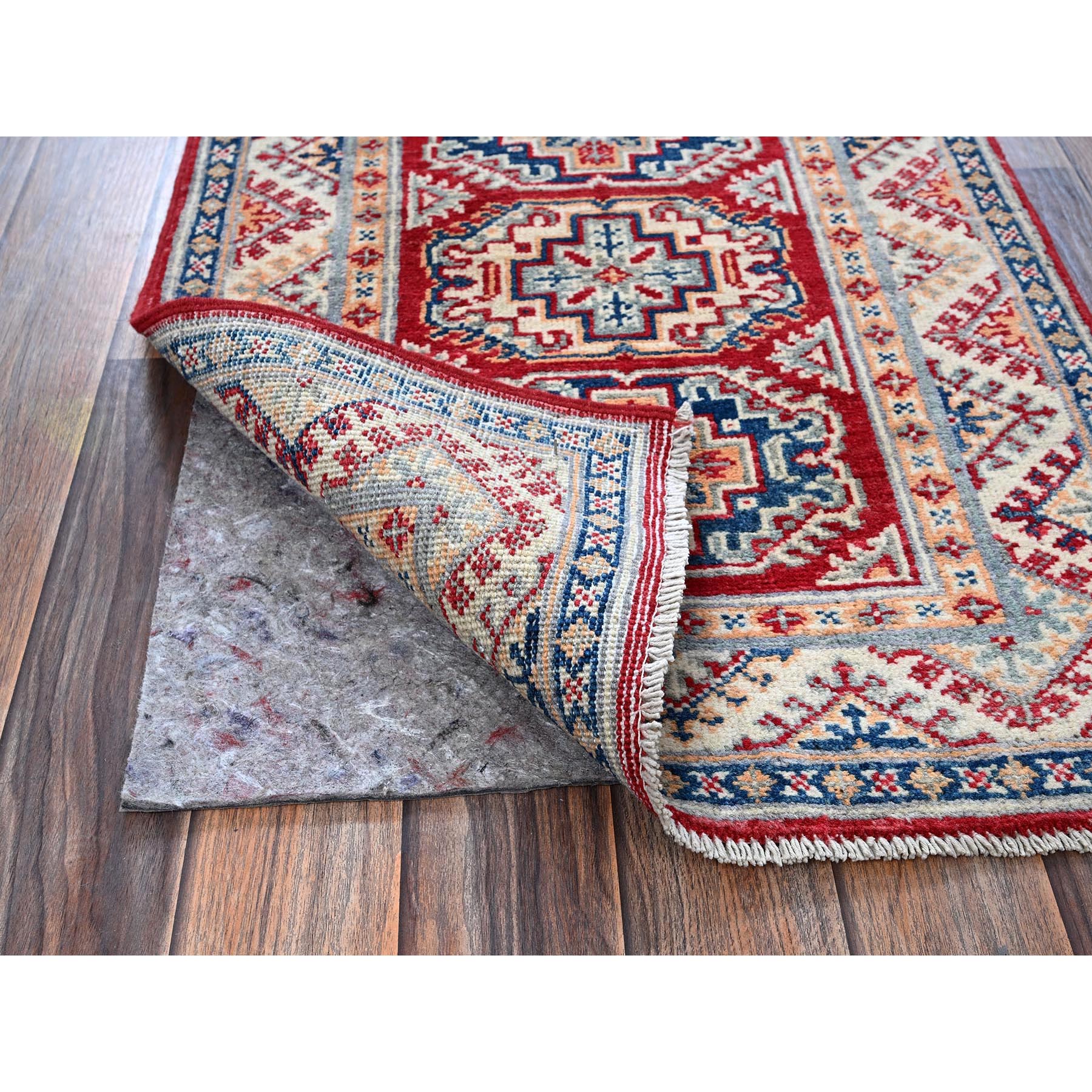 2'x3' Berry Red, Kazak with Geometric Medallions Design, Hand Knotted, Soft Wool, Natural Dyes, Denser Weave, Sample, Mat, Oriental Rug Sh384
