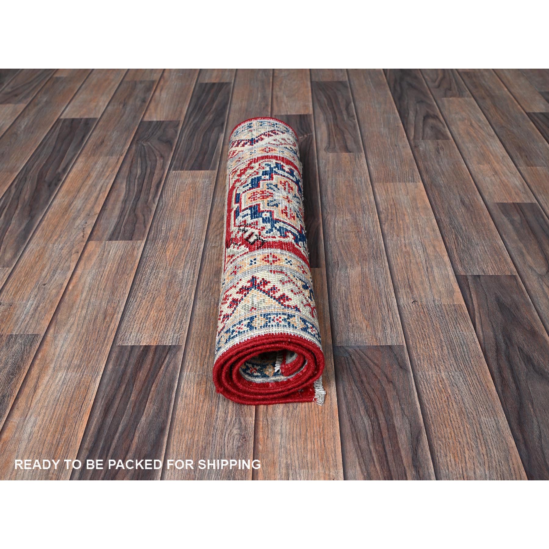 2'x3' Berry Red, Kazak with Geometric Medallions Design, Hand Knotted, Soft Wool, Natural Dyes, Denser Weave, Sample, Mat, Oriental Rug Sh384
