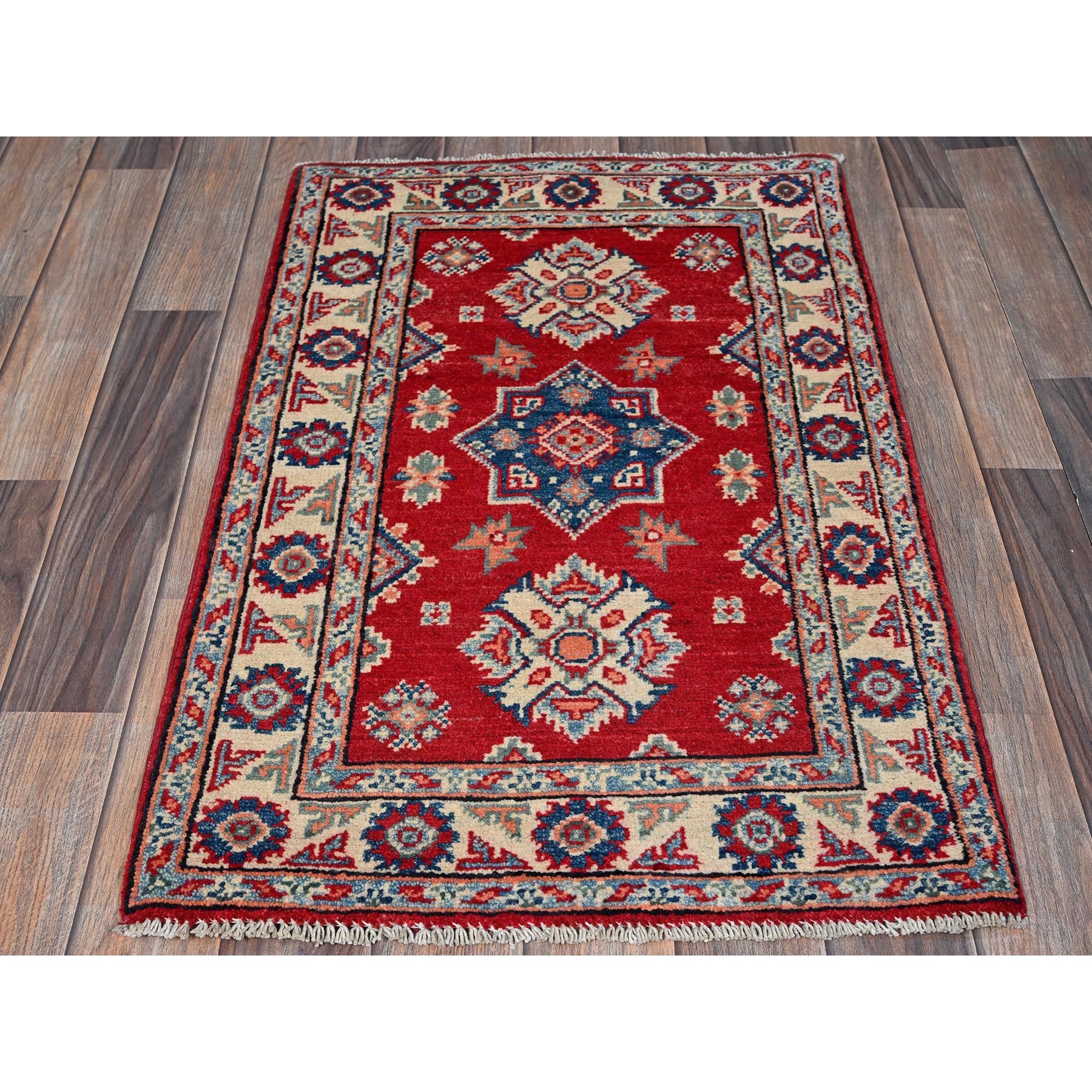 2'x3' Berry Red, Kazak with Geometric Medallions Design, Hand Knotted, Vegetable Dyes, Soft 100% Wool, Denser Weave, Sample, Mat, Oriental Rug Sh385