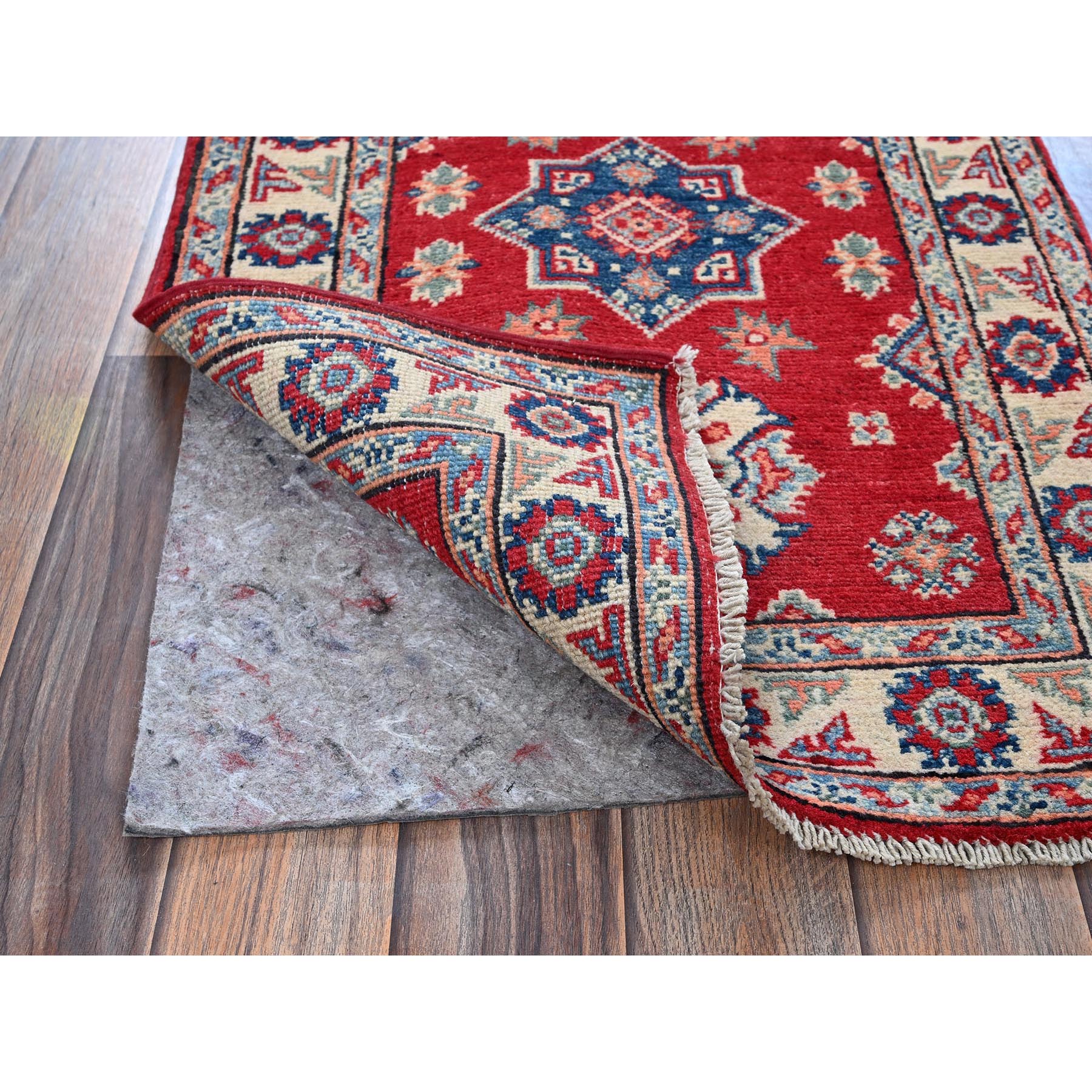 2'x3' Berry Red, Kazak with Geometric Medallions Design, Hand Knotted, Vegetable Dyes, Soft 100% Wool, Denser Weave, Sample, Mat, Oriental Rug Sh385