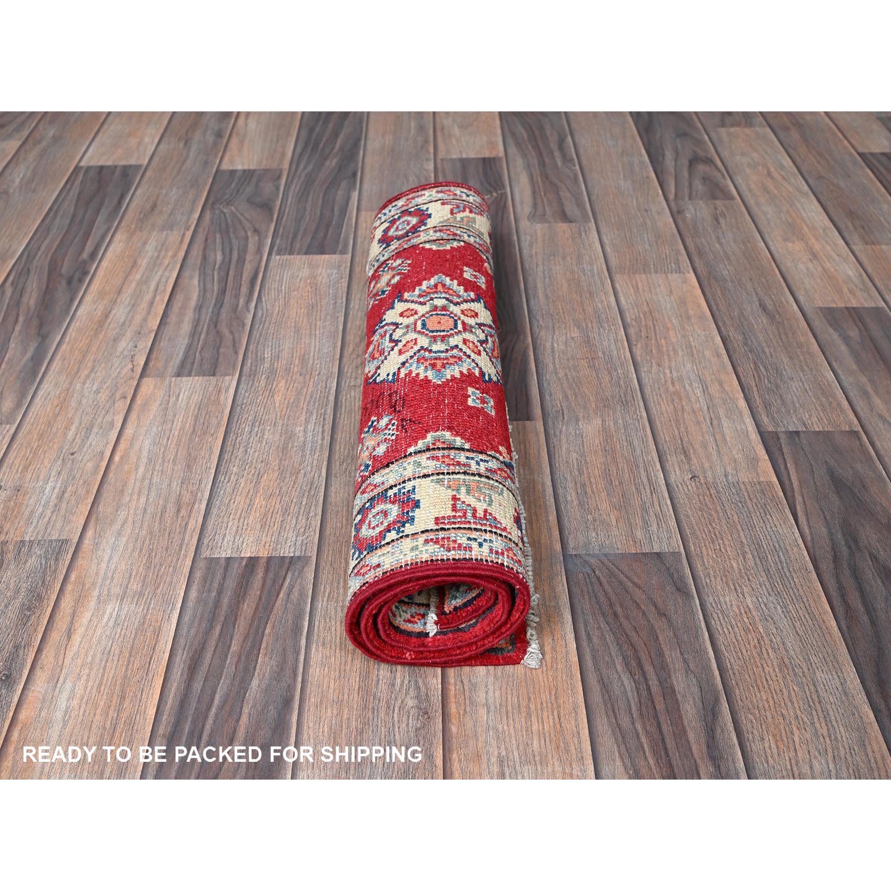 2'x3' Berry Red, Kazak with Geometric Medallions Design, Hand Knotted, Vegetable Dyes, Soft 100% Wool, Denser Weave, Sample, Mat, Oriental Rug Sh385