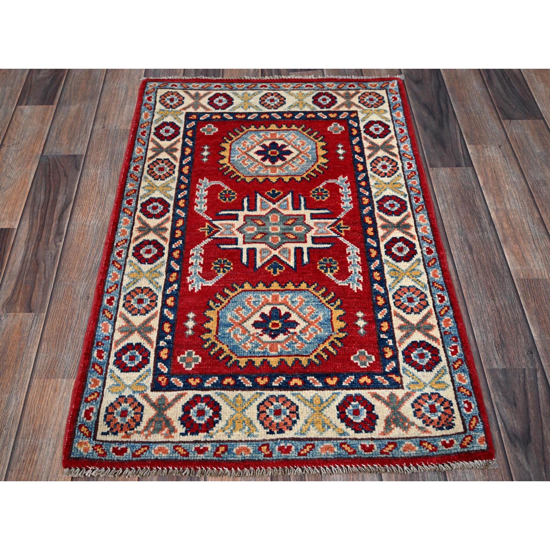 2'1"x3'1" Prismatic Red, Kazak with Tribal Medallions Design, Vegetable Dyes, Soft Wool, Hand Knotted, Denser Weave, Sample, Mat, Oriental Rug Sh386