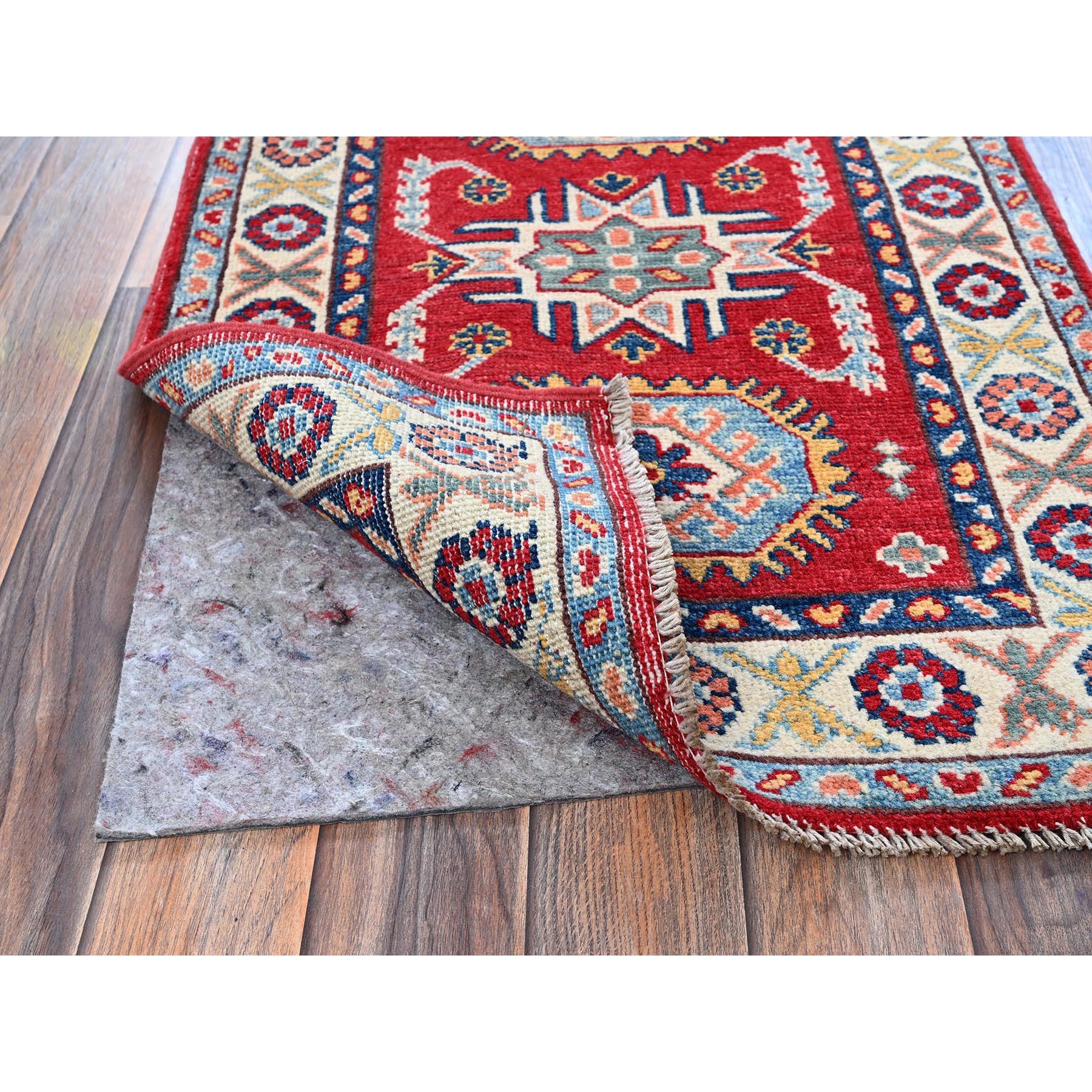 2'1"x3'1" Prismatic Red, Kazak with Tribal Medallions Design, Vegetable Dyes, Soft Wool, Hand Knotted, Denser Weave, Sample, Mat, Oriental Rug Sh386