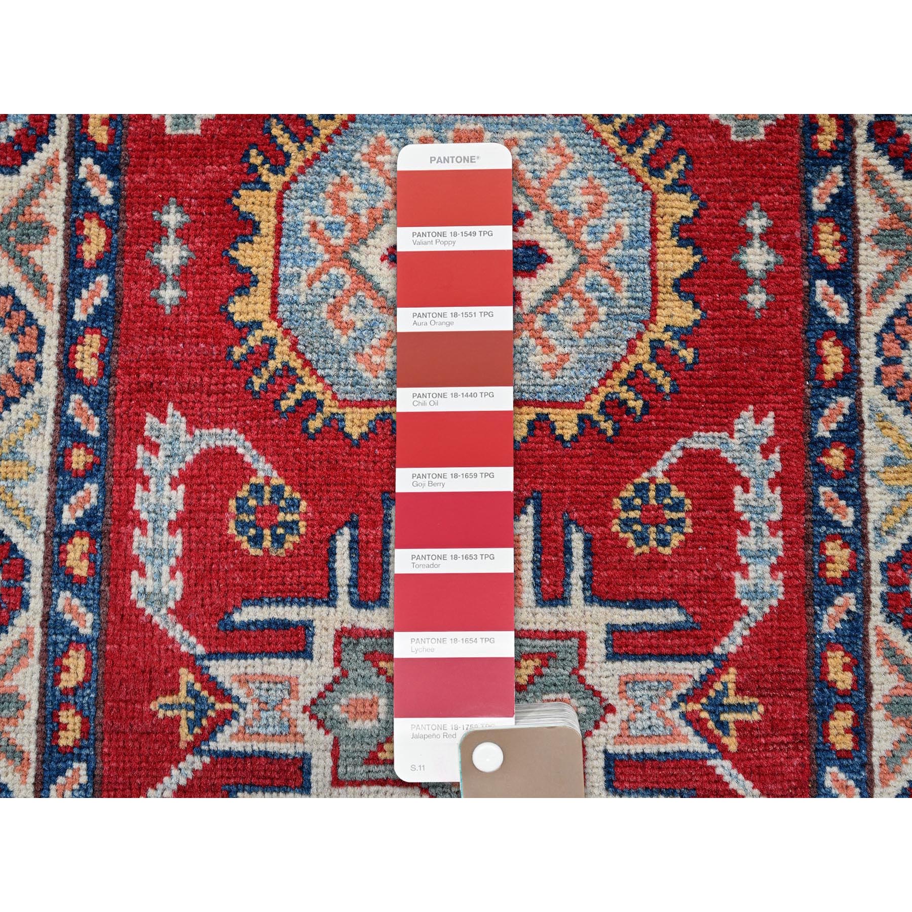 2'1"x3'1" Prismatic Red, Kazak with Tribal Medallions Design, Vegetable Dyes, Soft Wool, Hand Knotted, Denser Weave, Sample, Mat, Oriental Rug Sh386