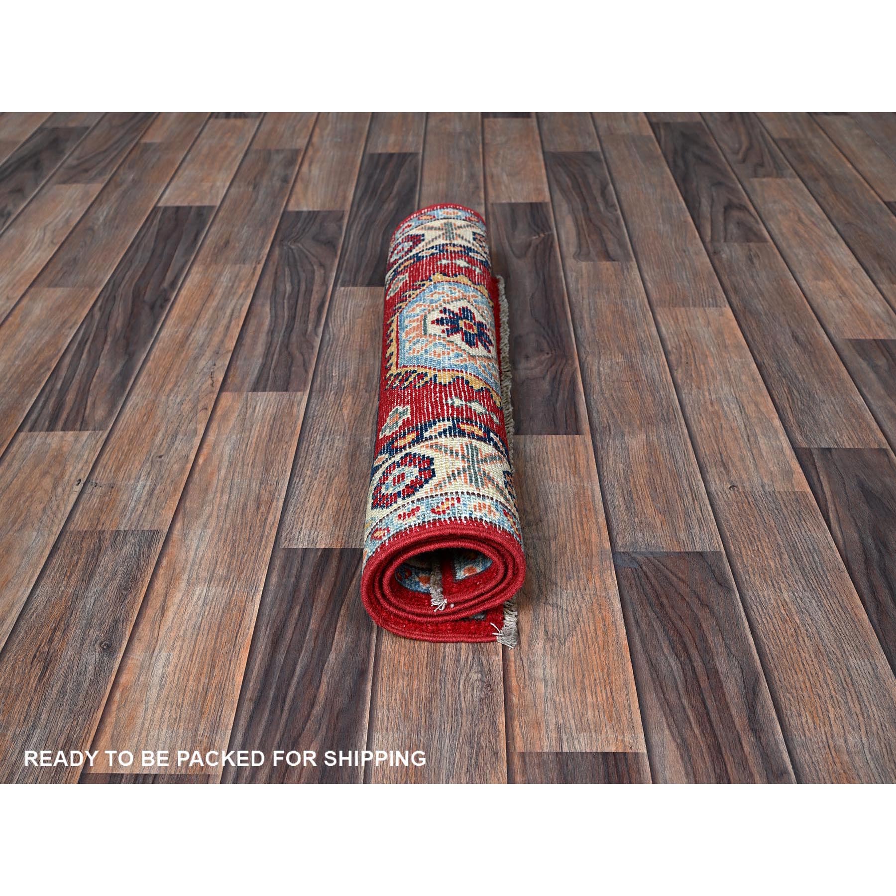 2'1"x3'1" Prismatic Red, Kazak with Tribal Medallions Design, Vegetable Dyes, Soft Wool, Hand Knotted, Denser Weave, Sample, Mat, Oriental Rug Sh386