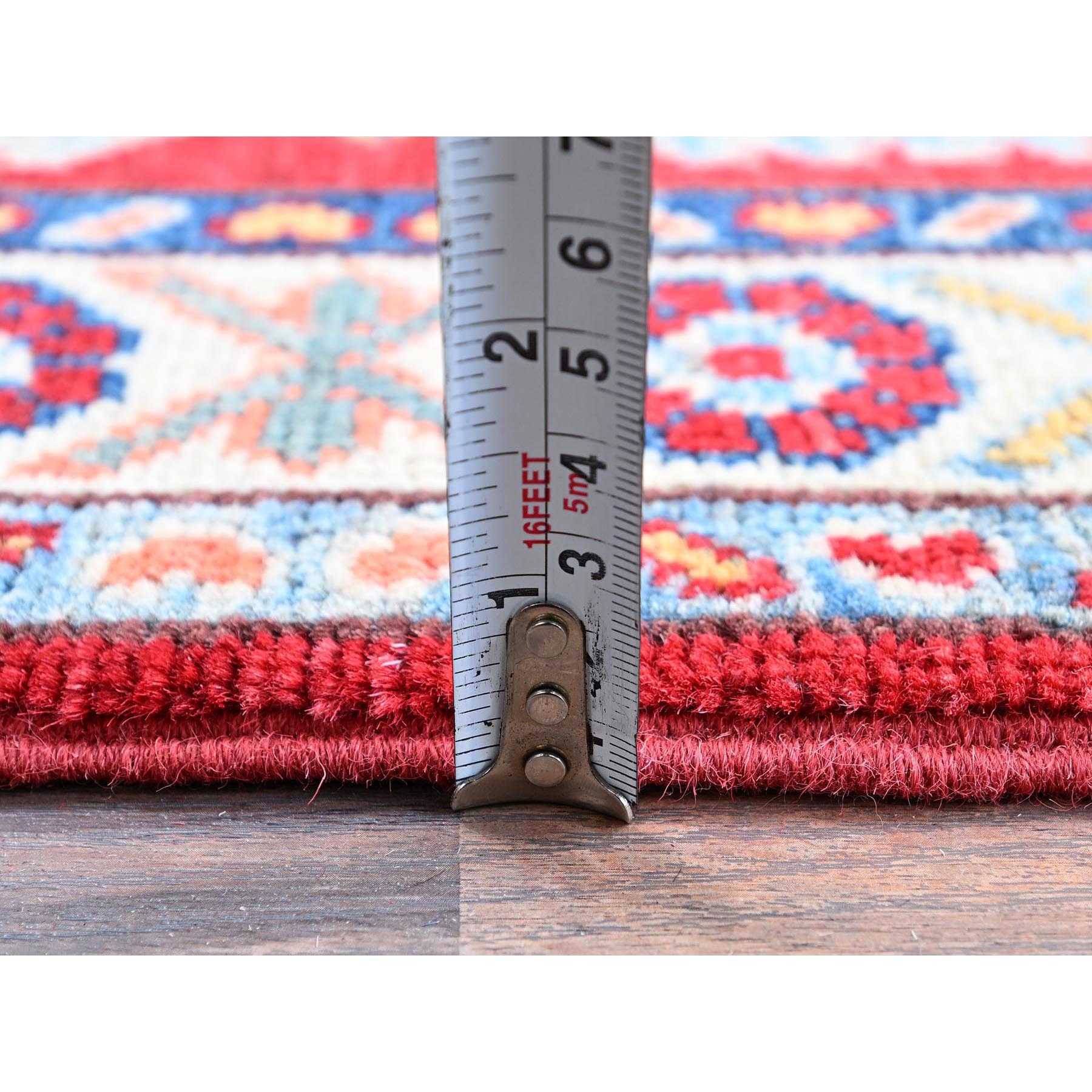 2'1"x3'1" Prismatic Red, Kazak with Tribal Medallions Design, Vegetable Dyes, Soft Wool, Hand Knotted, Denser Weave, Sample, Mat, Oriental Rug Sh386