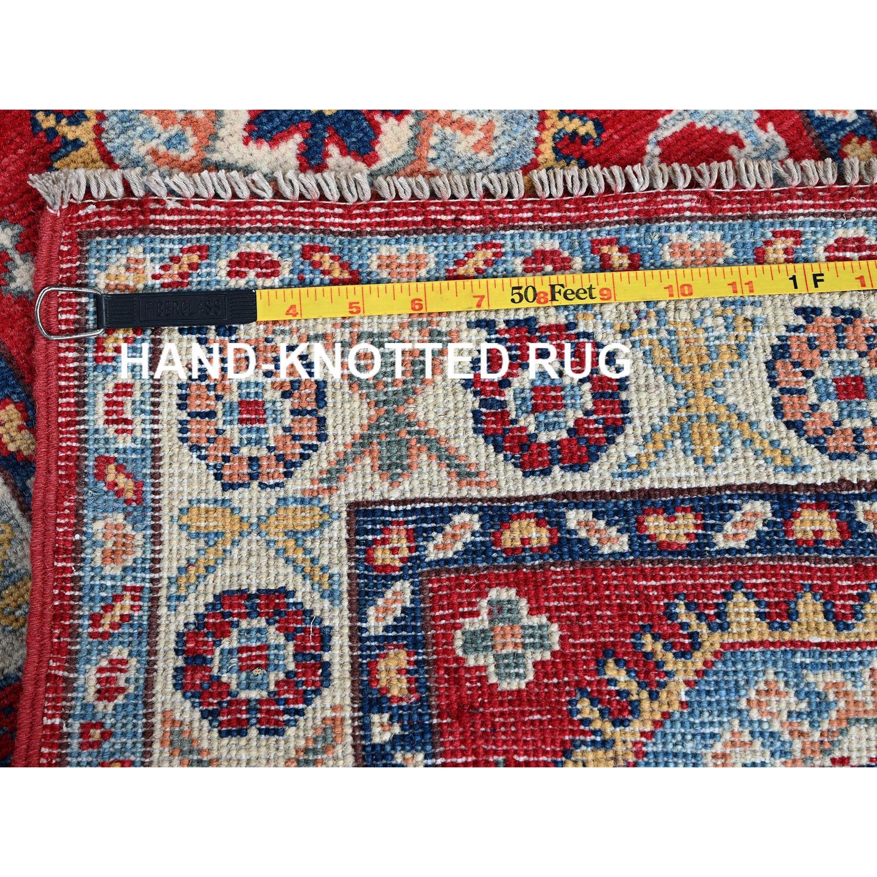 2'1"x3'1" Prismatic Red, Kazak with Tribal Medallions Design, Vegetable Dyes, Soft Wool, Hand Knotted, Denser Weave, Sample, Mat, Oriental Rug Sh386