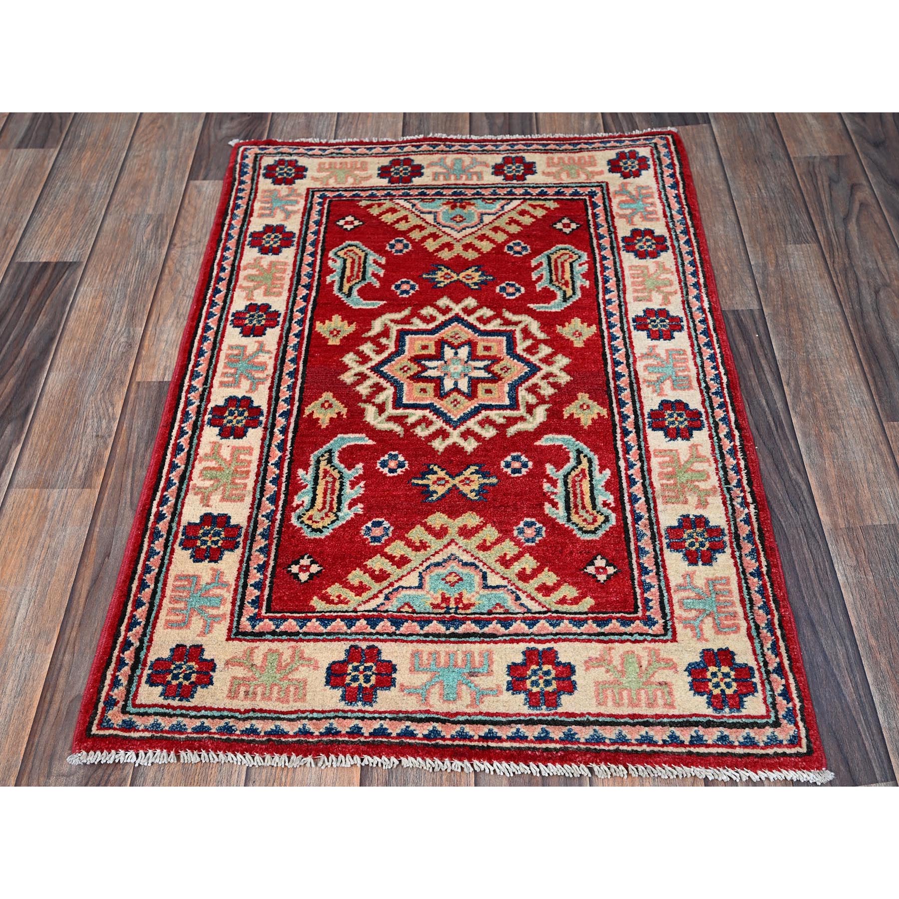 2'1"x3' Scarlet Red, Kazak with Geometric Medallion Design, Vegetable Dyes, Hand Knotted, Soft and Vibrant Wool, Denser Weave, Sample, Mat, Oriental Rug Sh387