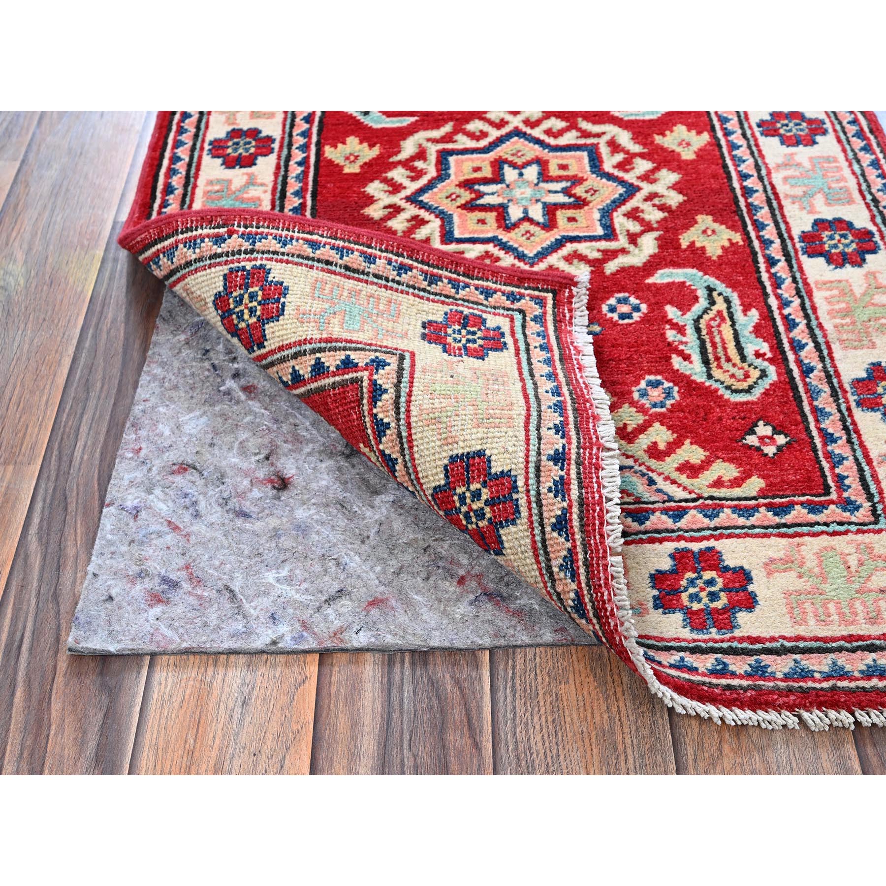 2'1"x3' Scarlet Red, Kazak with Geometric Medallion Design, Vegetable Dyes, Hand Knotted, Soft and Vibrant Wool, Denser Weave, Sample, Mat, Oriental Rug Sh387