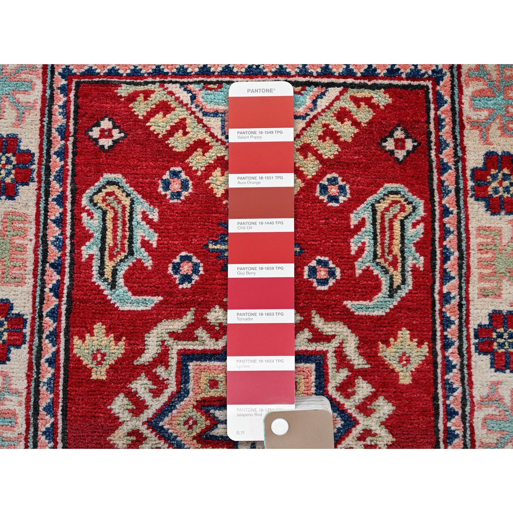 2'1"x3' Scarlet Red, Kazak with Geometric Medallion Design, Vegetable Dyes, Hand Knotted, Soft and Vibrant Wool, Denser Weave, Sample, Mat, Oriental Rug Sh387