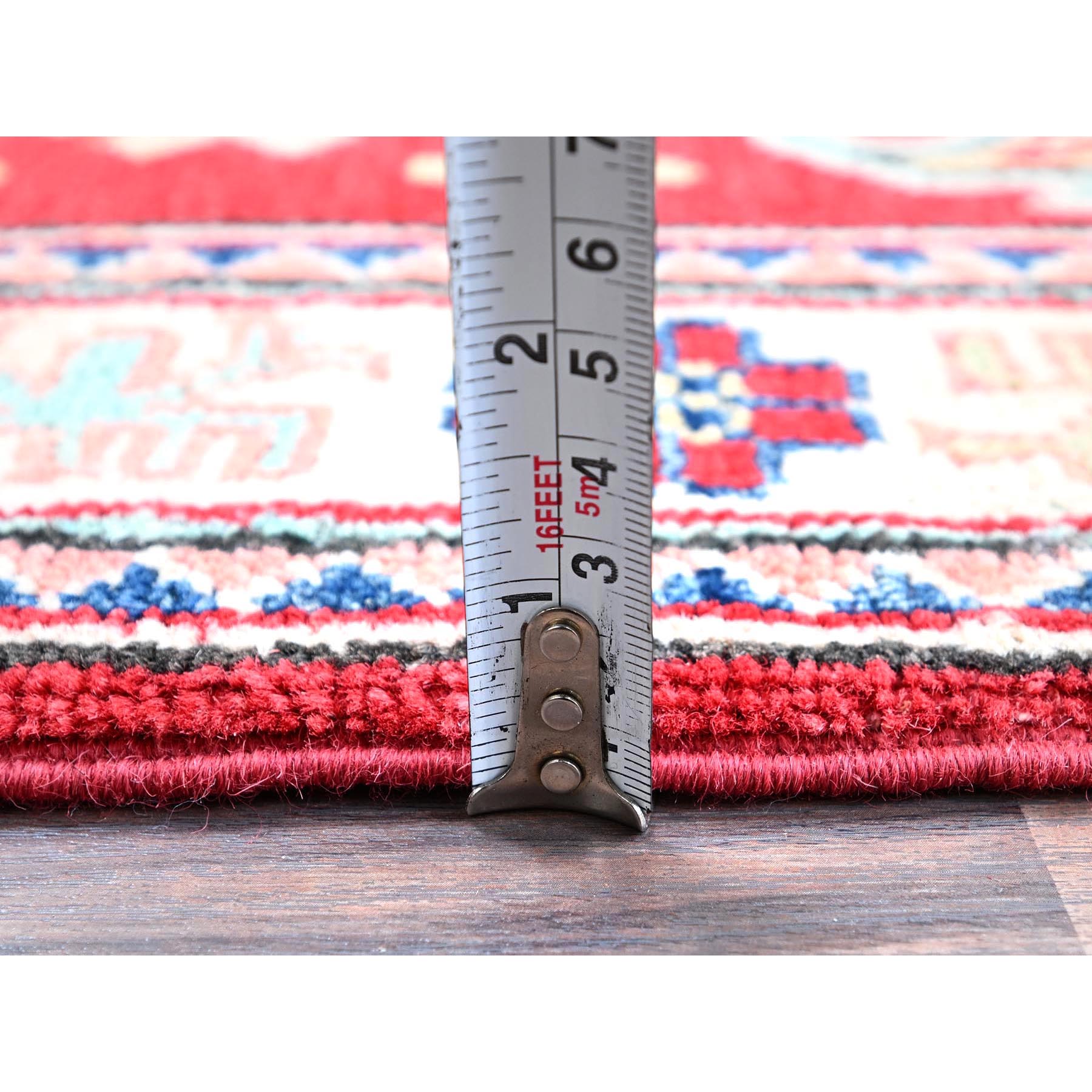 2'1"x3' Scarlet Red, Kazak with Geometric Medallion Design, Vegetable Dyes, Hand Knotted, Soft and Vibrant Wool, Denser Weave, Sample, Mat, Oriental Rug Sh387