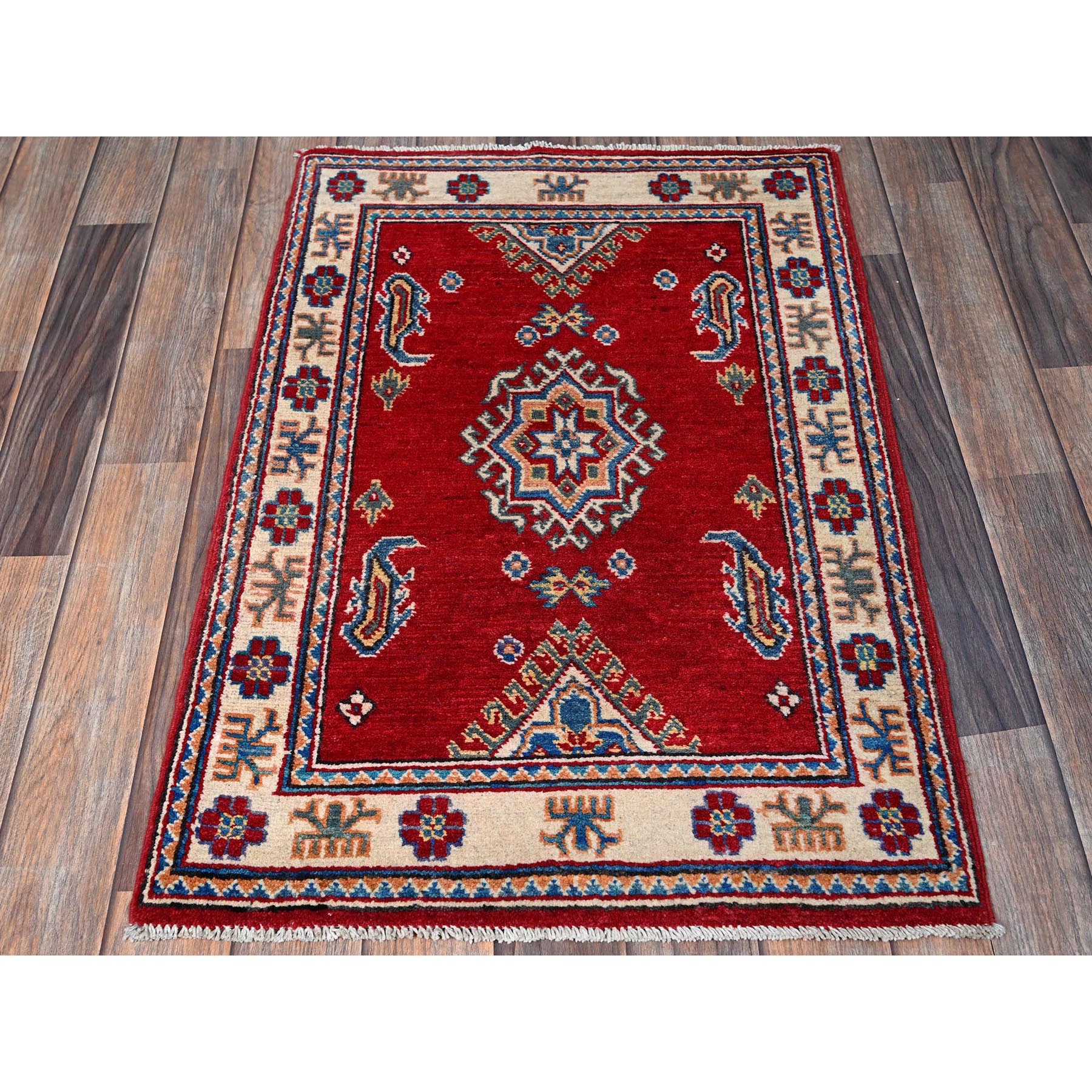 2'1"x3'1" Crimson Red, Kazak with Geometric Medallion Design, Vegetable Dyes, Hand Knotted, Soft Wool, Denser Weave, Sample, Mat, Oriental Rug Sh388