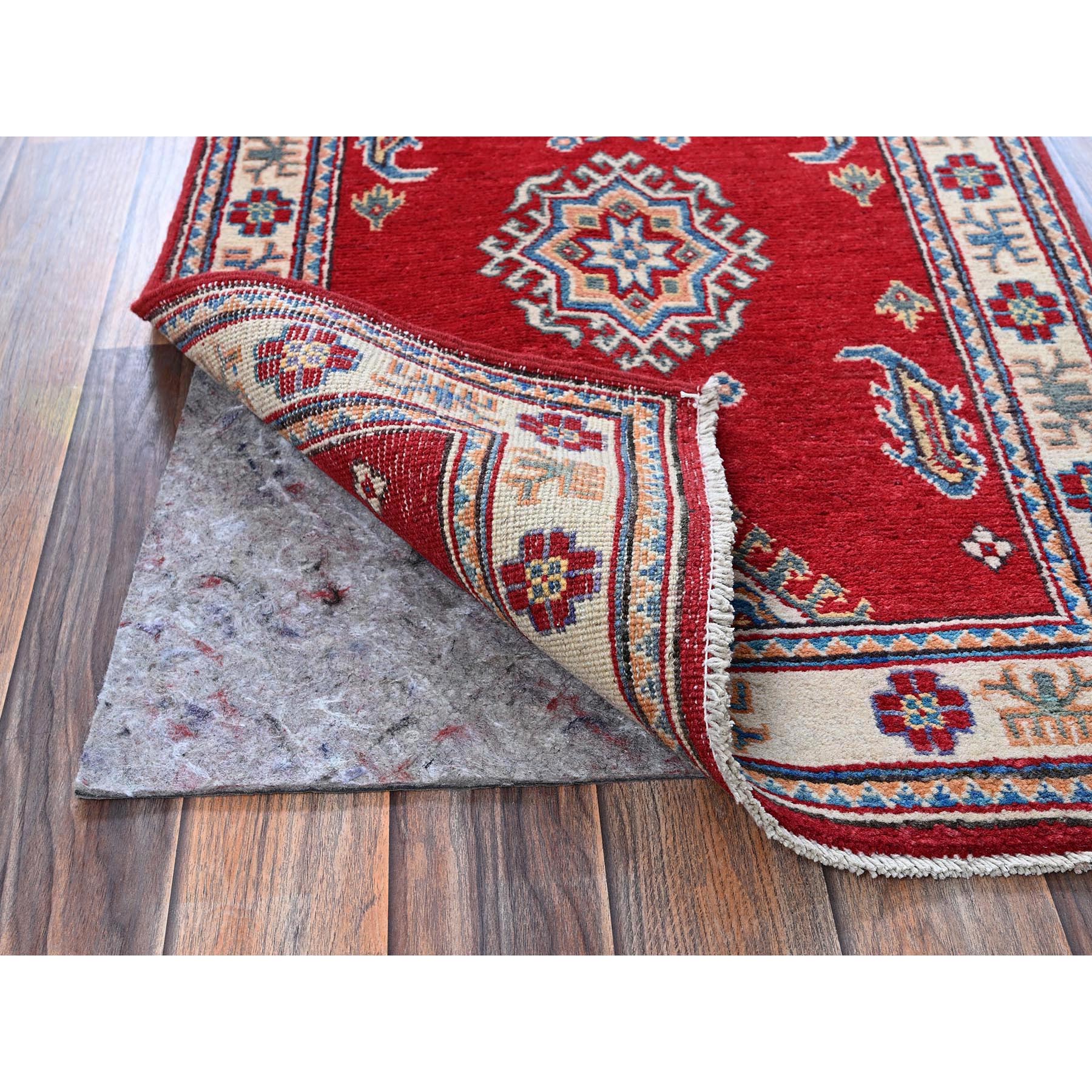 2'1"x3'1" Crimson Red, Kazak with Geometric Medallion Design, Vegetable Dyes, Hand Knotted, Soft Wool, Denser Weave, Sample, Mat, Oriental Rug Sh388