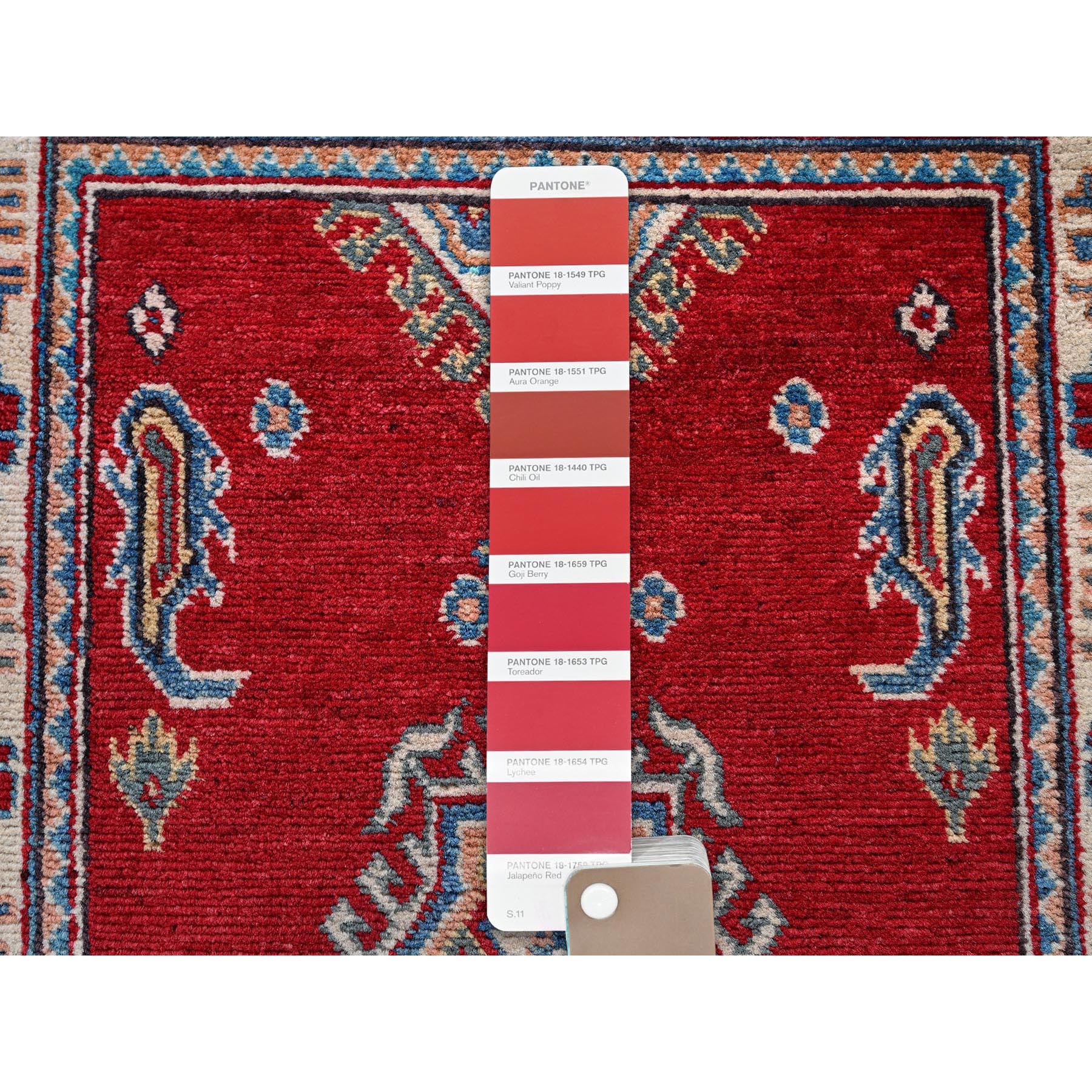 2'1"x3'1" Crimson Red, Kazak with Geometric Medallion Design, Vegetable Dyes, Hand Knotted, Soft Wool, Denser Weave, Sample, Mat, Oriental Rug Sh388
