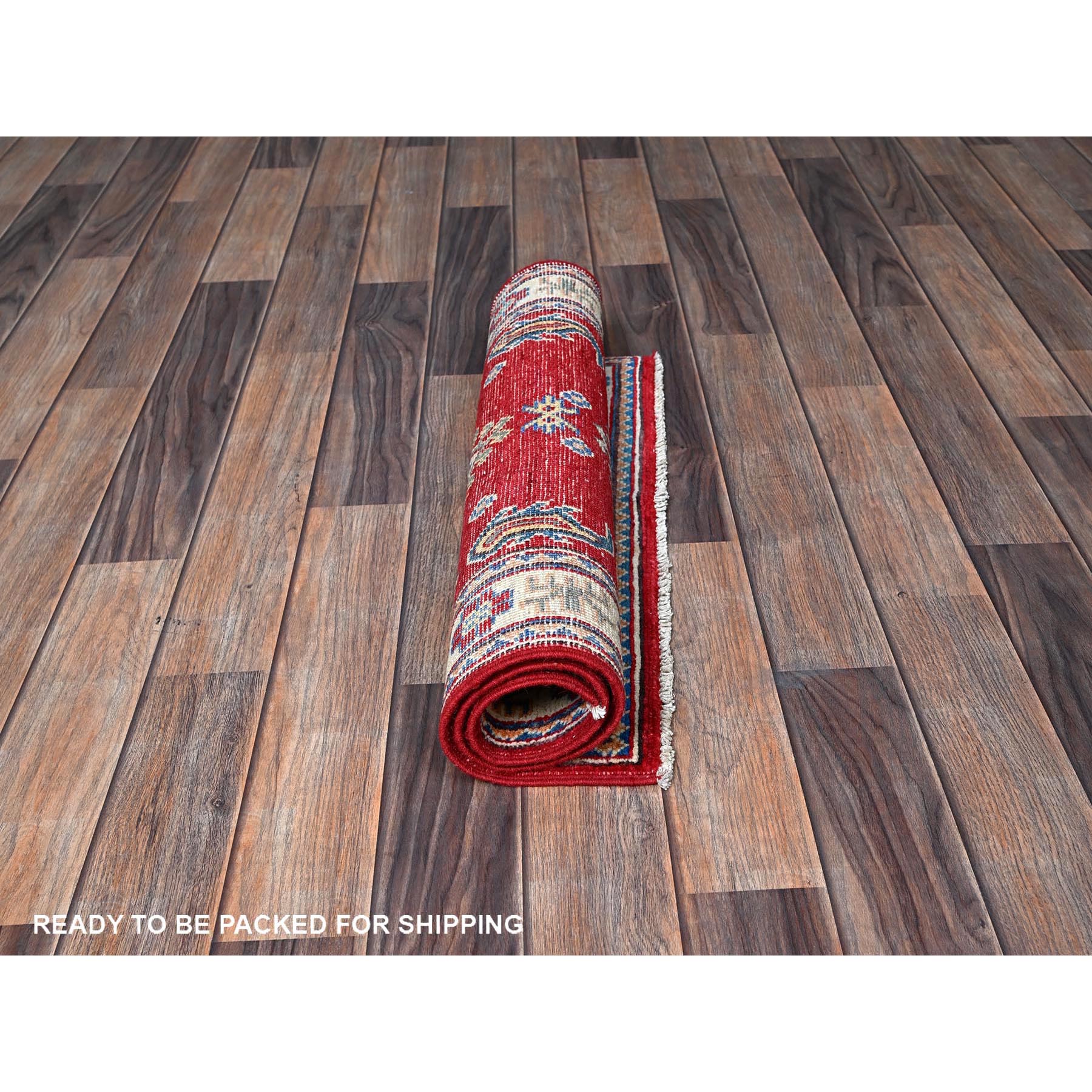 2'1"x3'1" Crimson Red, Kazak with Geometric Medallion Design, Vegetable Dyes, Hand Knotted, Soft Wool, Denser Weave, Sample, Mat, Oriental Rug Sh388