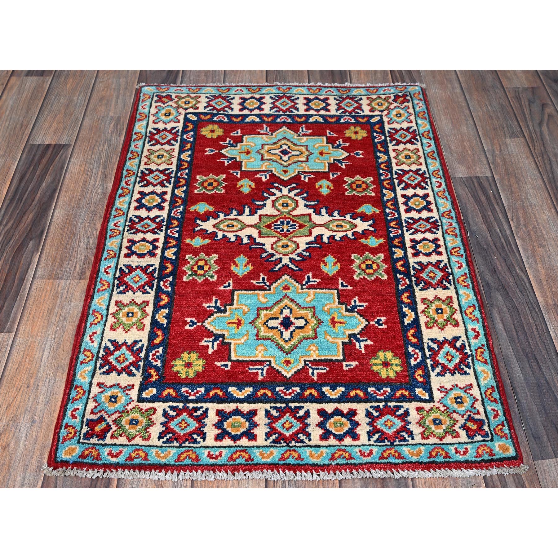 2'1"x3' Crimson Red, Kazak with Geometric Medallions Design, Vegetable Dyes, Soft and Shiny Wool, Hand Knotted, Denser Weave, Mat, Sample, Oriental Rug Sh389