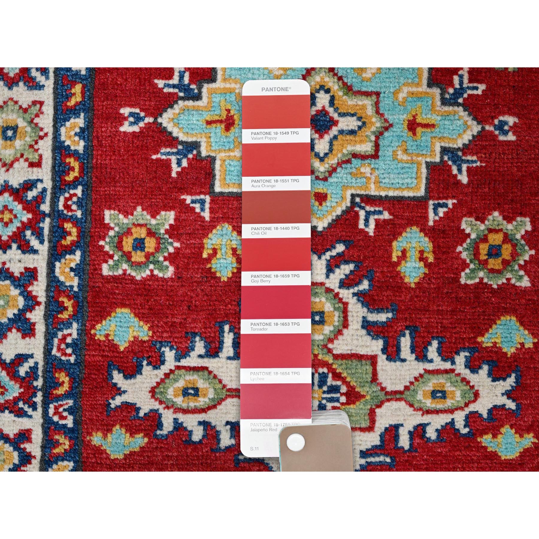 2'1"x3' Crimson Red, Kazak with Geometric Medallions Design, Vegetable Dyes, Soft and Shiny Wool, Hand Knotted, Denser Weave, Mat, Sample, Oriental Rug Sh389