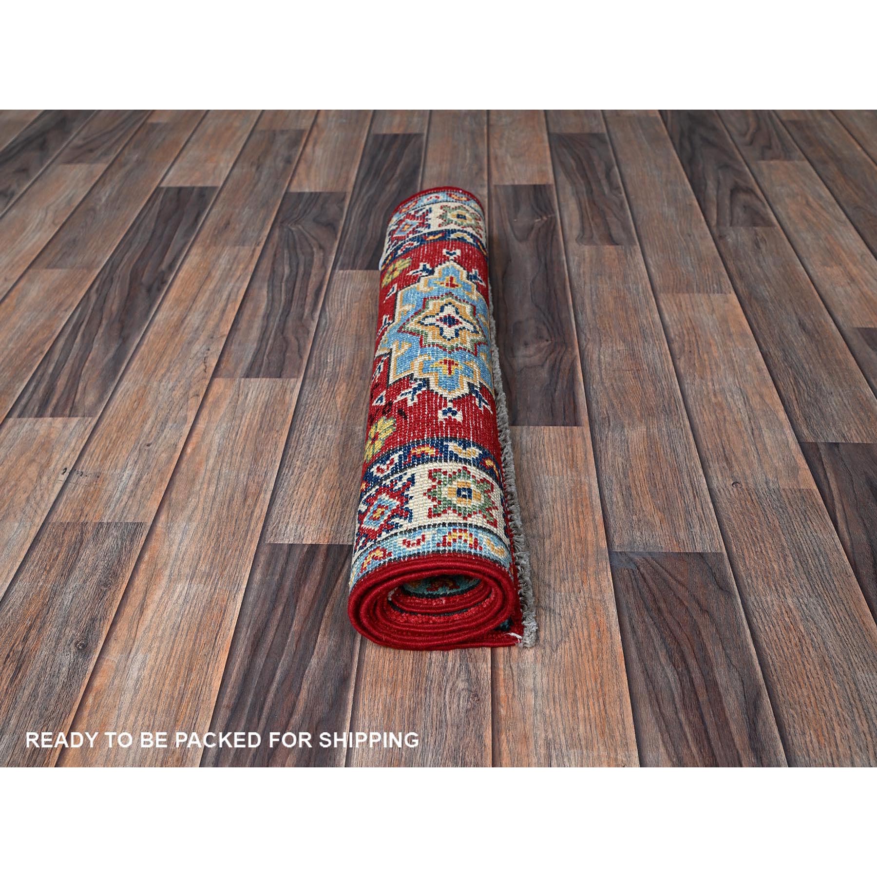 2'1"x3' Crimson Red, Kazak with Geometric Medallions Design, Vegetable Dyes, Soft and Shiny Wool, Hand Knotted, Denser Weave, Mat, Sample, Oriental Rug Sh389