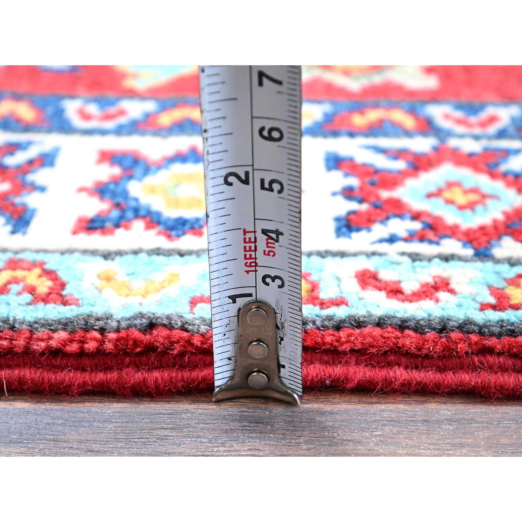 2'1"x3' Crimson Red, Kazak with Geometric Medallions Design, Vegetable Dyes, Soft and Shiny Wool, Hand Knotted, Denser Weave, Mat, Sample, Oriental Rug Sh389
