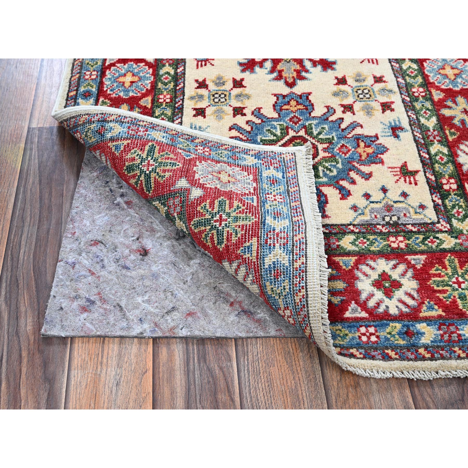 2'6"x4'1" Alabaster White, Kazak with Geometric Medallions Design, Hand Knotted, Vegetable Dyes, Soft Wool, Denser Weave, Sample, Mat, Oriental Rug Sh393