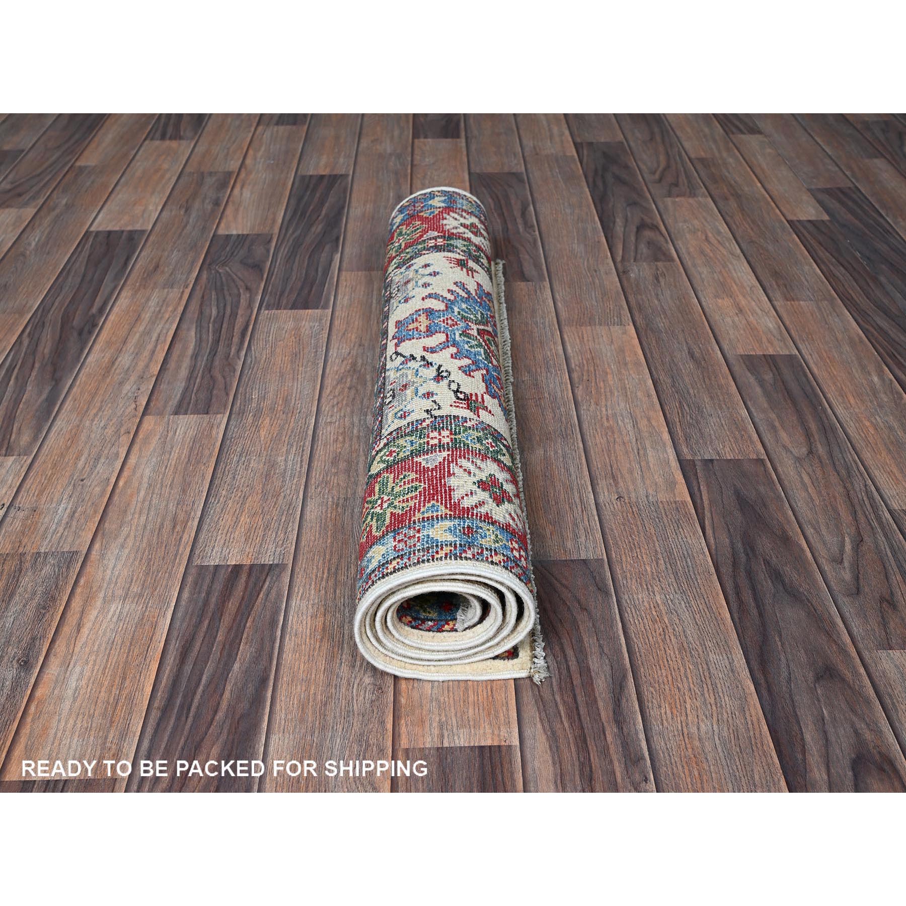 2'6"x4'1" Alabaster White, Kazak with Geometric Medallions Design, Hand Knotted, Vegetable Dyes, Soft Wool, Denser Weave, Sample, Mat, Oriental Rug Sh393