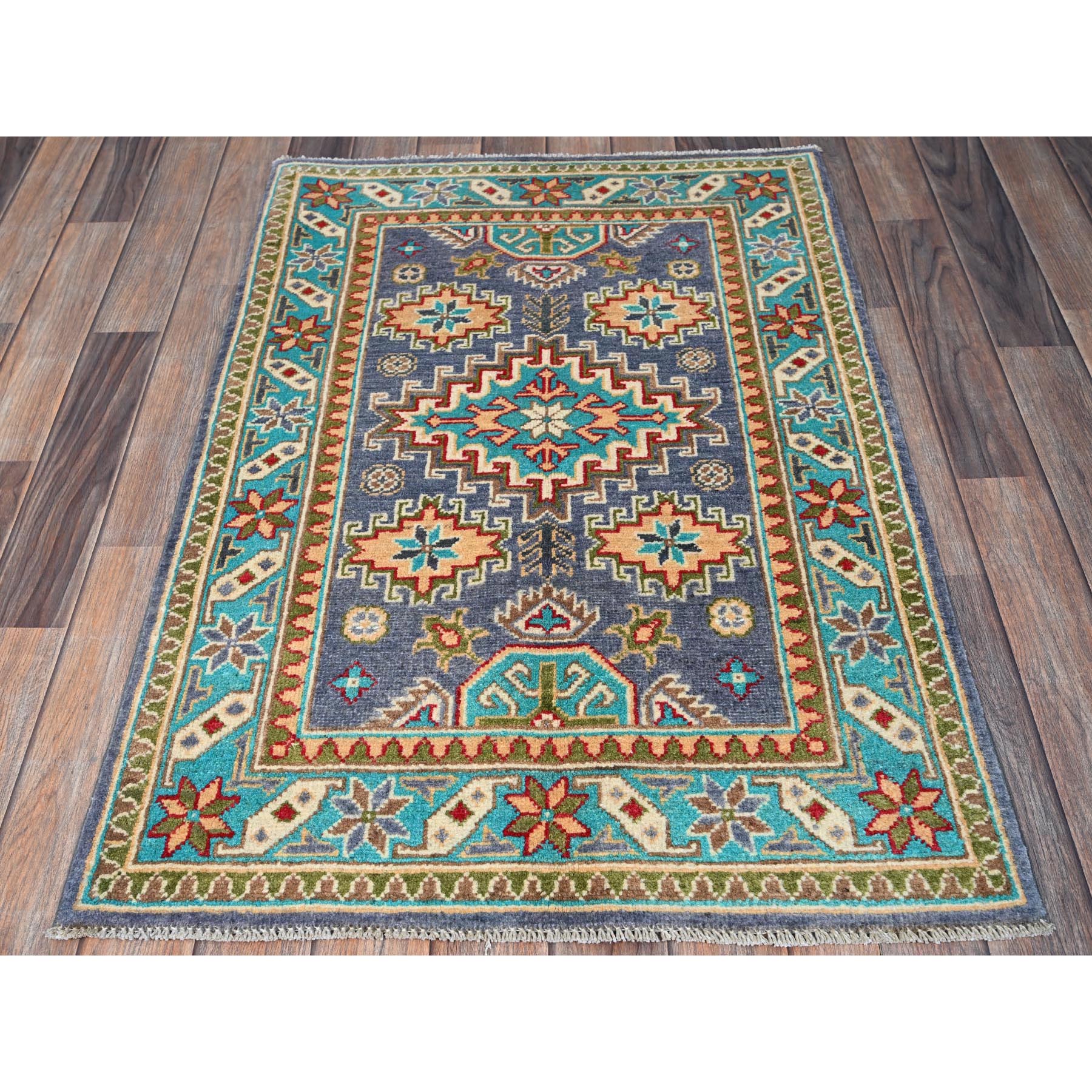 2'8"x4' Medium Purple, Kazak with Geometric Design, Vegetable Dyes, Hand Knotted, Soft and Shiny Wool, Denser Weave, Sample, Mat, Oriental Rug Sh395