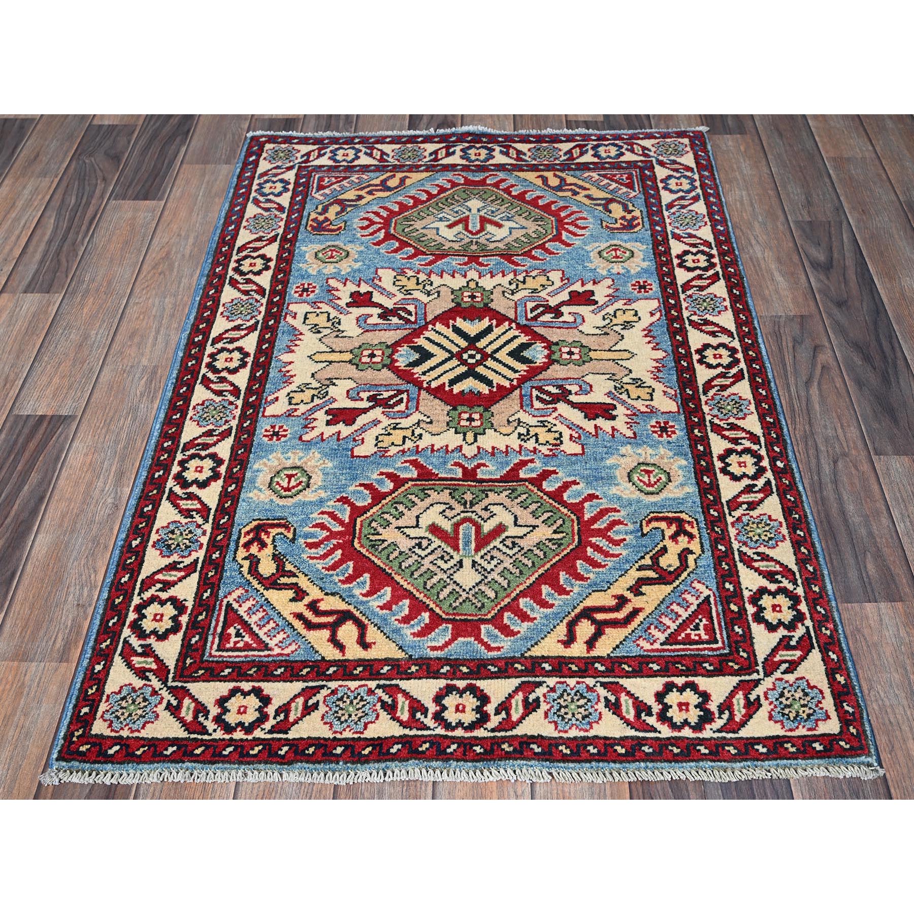 2'9"x4' Lichen Blue, Kazak with Tribal Design, Vegetable Dyes, Soft and Shiny Wool, Hand Knotted, Denser Weave, Sample, Mat, Oriental Rug Sh397
