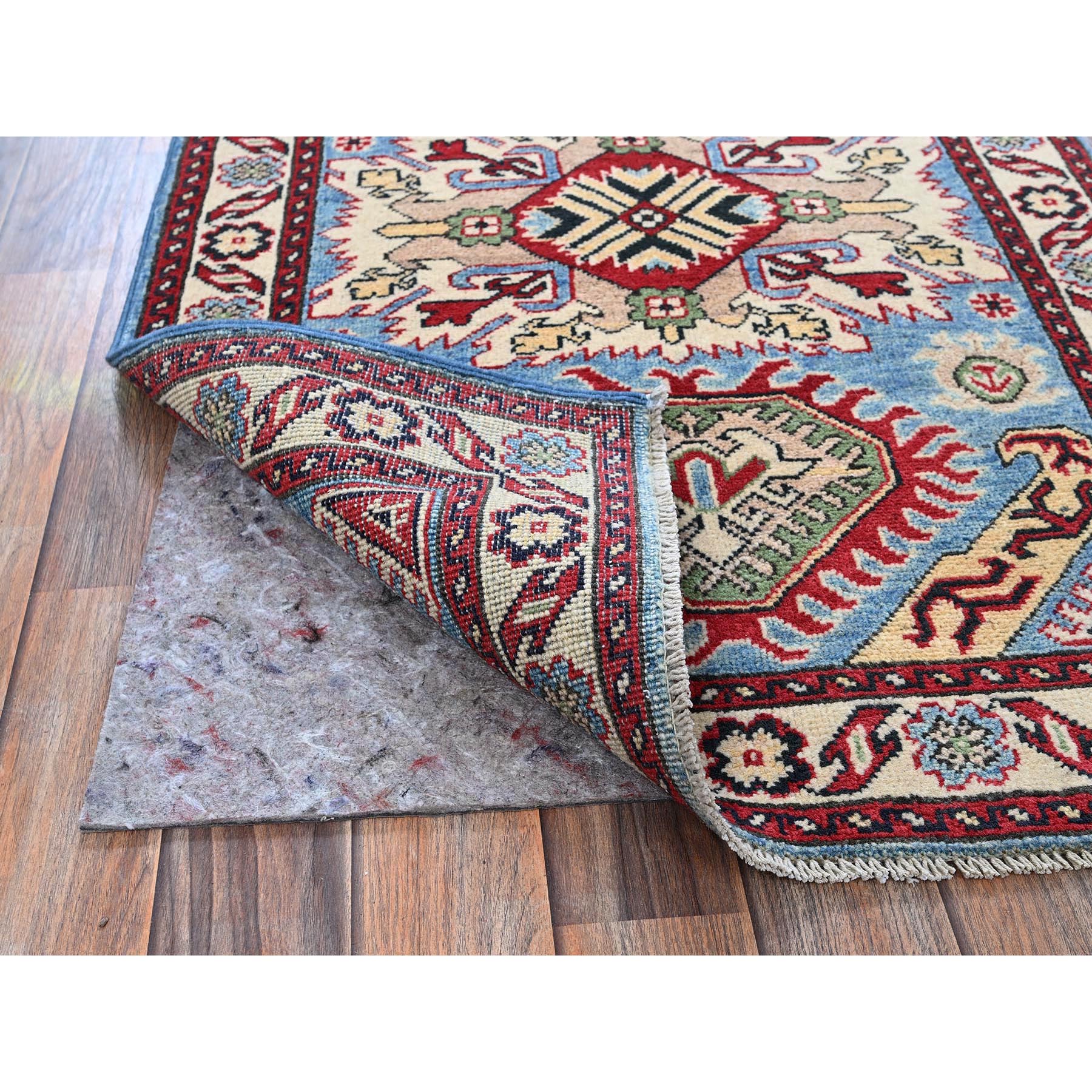 2'9"x4' Lichen Blue, Kazak with Tribal Design, Vegetable Dyes, Soft and Shiny Wool, Hand Knotted, Denser Weave, Sample, Mat, Oriental Rug Sh397