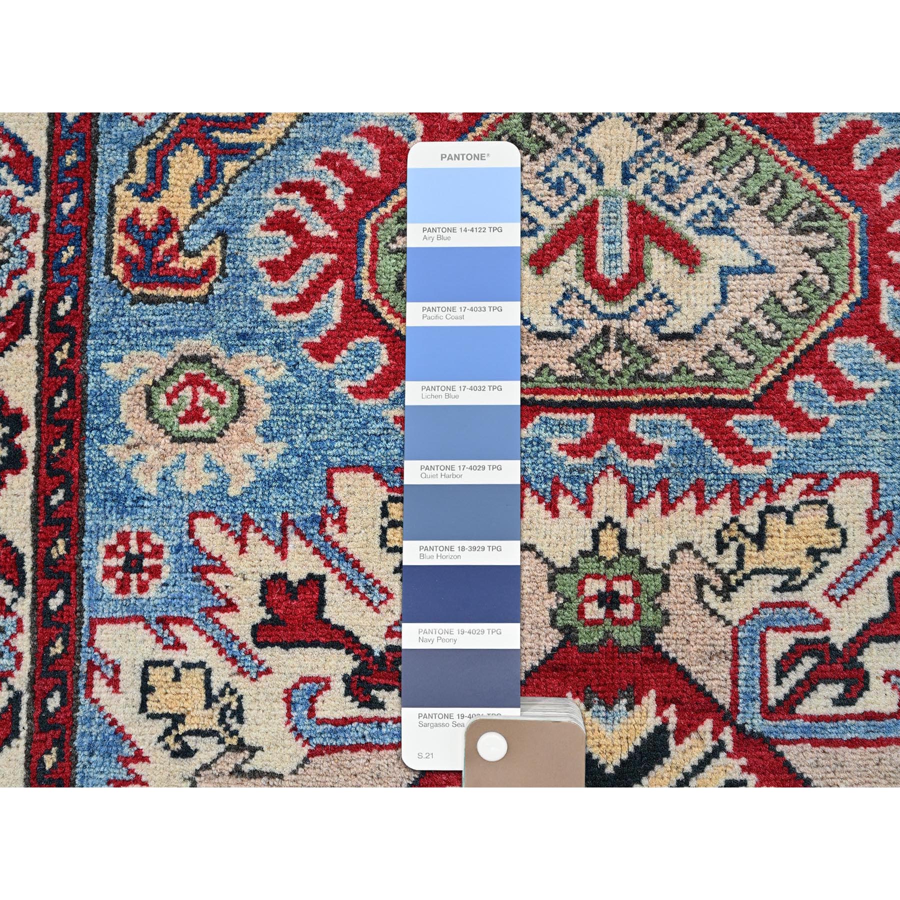 2'9"x4' Lichen Blue, Kazak with Tribal Design, Vegetable Dyes, Soft and Shiny Wool, Hand Knotted, Denser Weave, Sample, Mat, Oriental Rug Sh397