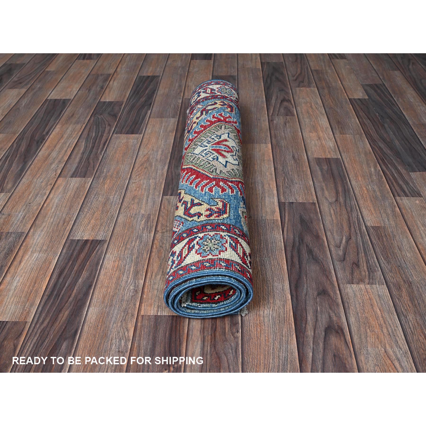2'9"x4' Lichen Blue, Kazak with Tribal Design, Vegetable Dyes, Soft and Shiny Wool, Hand Knotted, Denser Weave, Sample, Mat, Oriental Rug Sh397