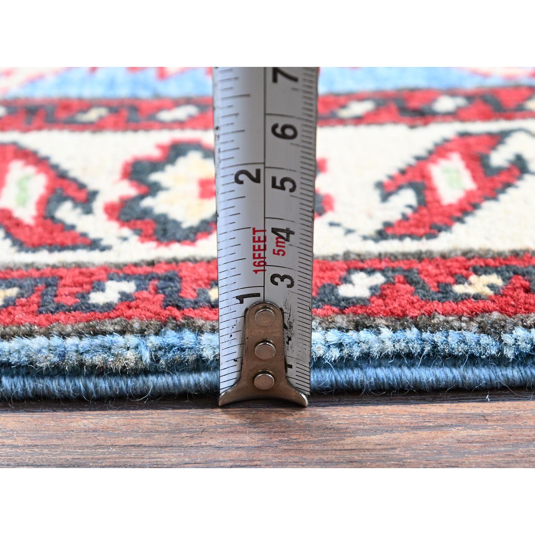 2'9"x4' Lichen Blue, Kazak with Tribal Design, Vegetable Dyes, Soft and Shiny Wool, Hand Knotted, Denser Weave, Sample, Mat, Oriental Rug Sh397