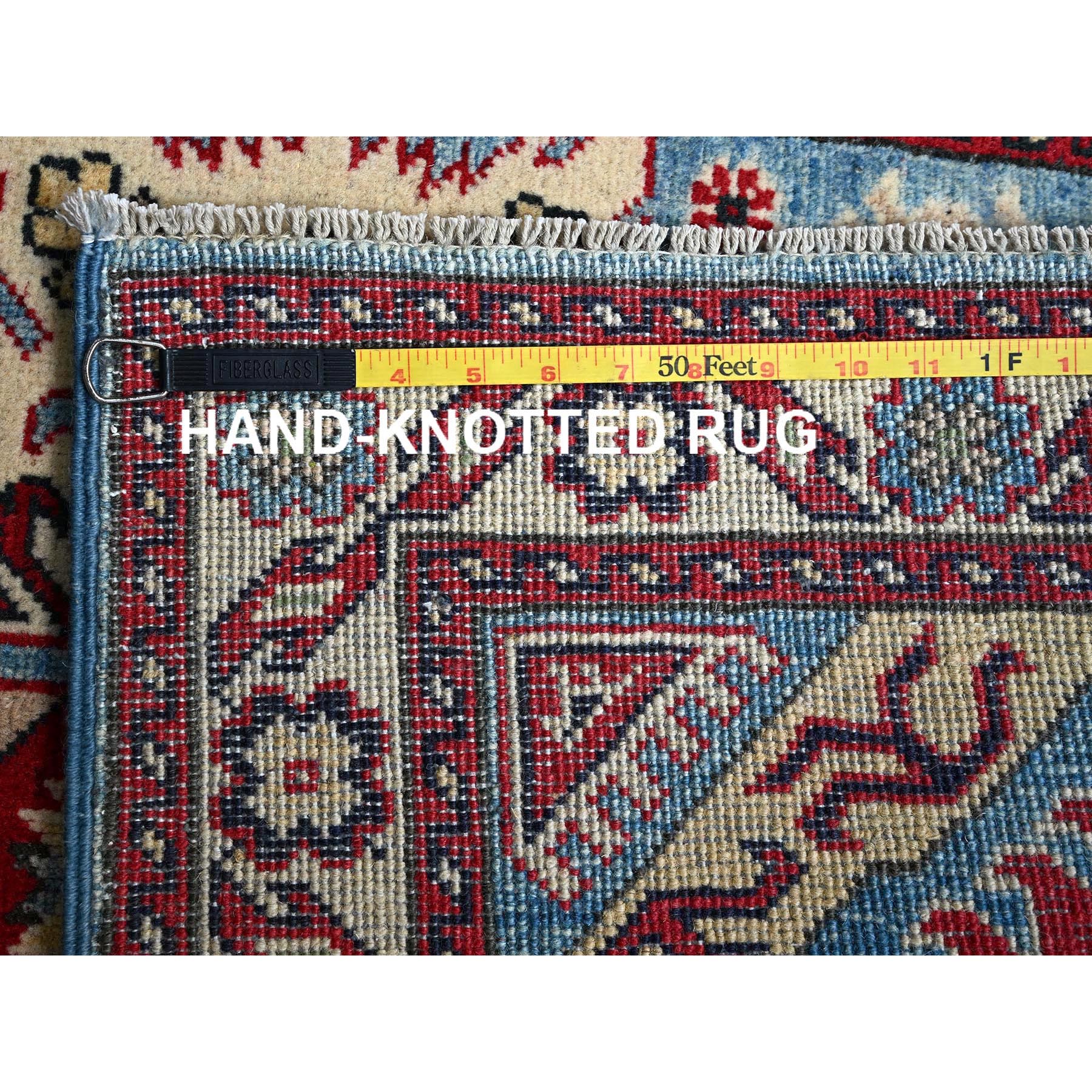 2'9"x4' Lichen Blue, Kazak with Tribal Design, Vegetable Dyes, Soft and Shiny Wool, Hand Knotted, Denser Weave, Sample, Mat, Oriental Rug Sh397
