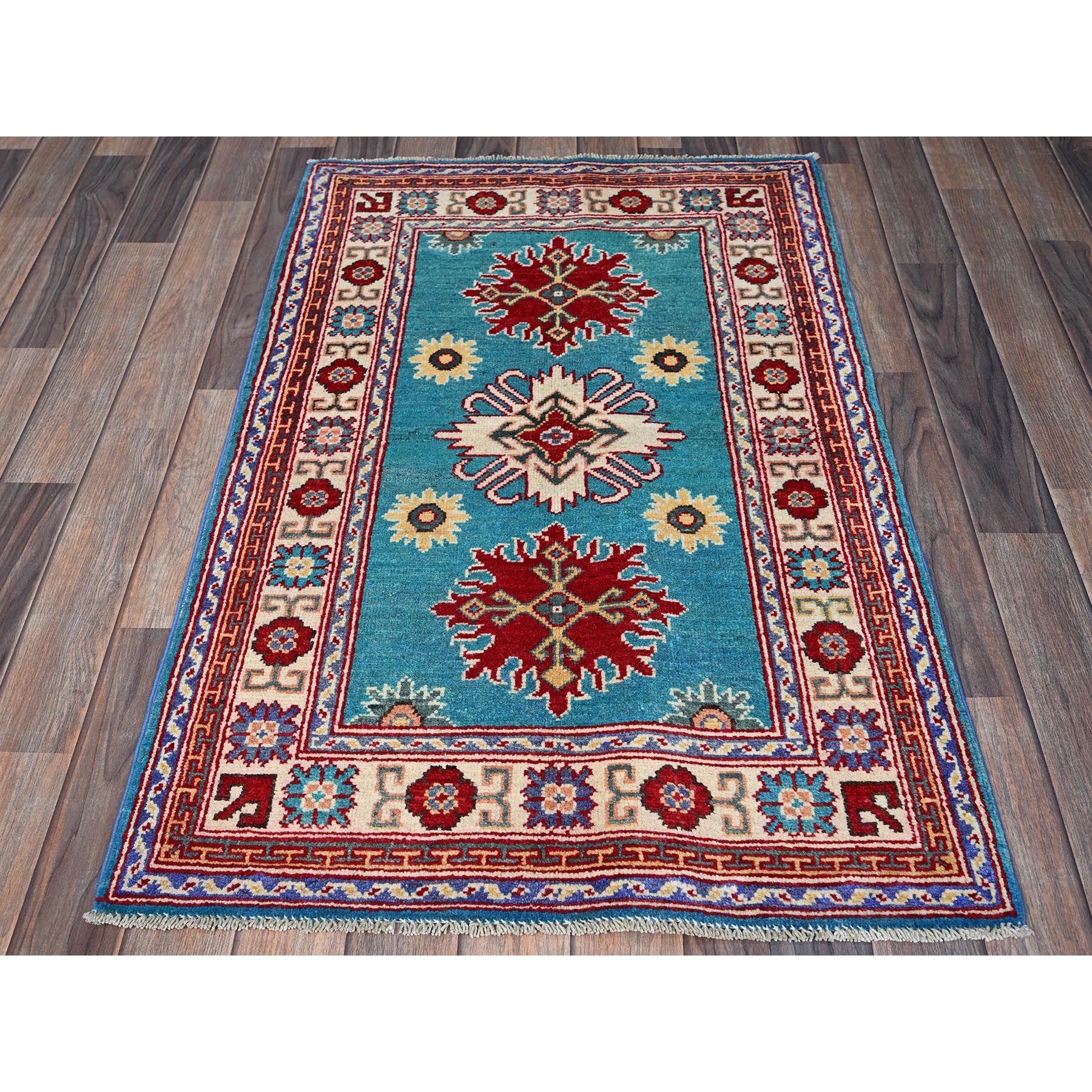 2'7"x4'1" Aqua Blue, Kazak with Tribal Medallions Design, Soft and Shiny Wool, Vegetable Dyes, Hand Knotted, Denser Weave, Sample, Mat, Oriental Rug Sh398
