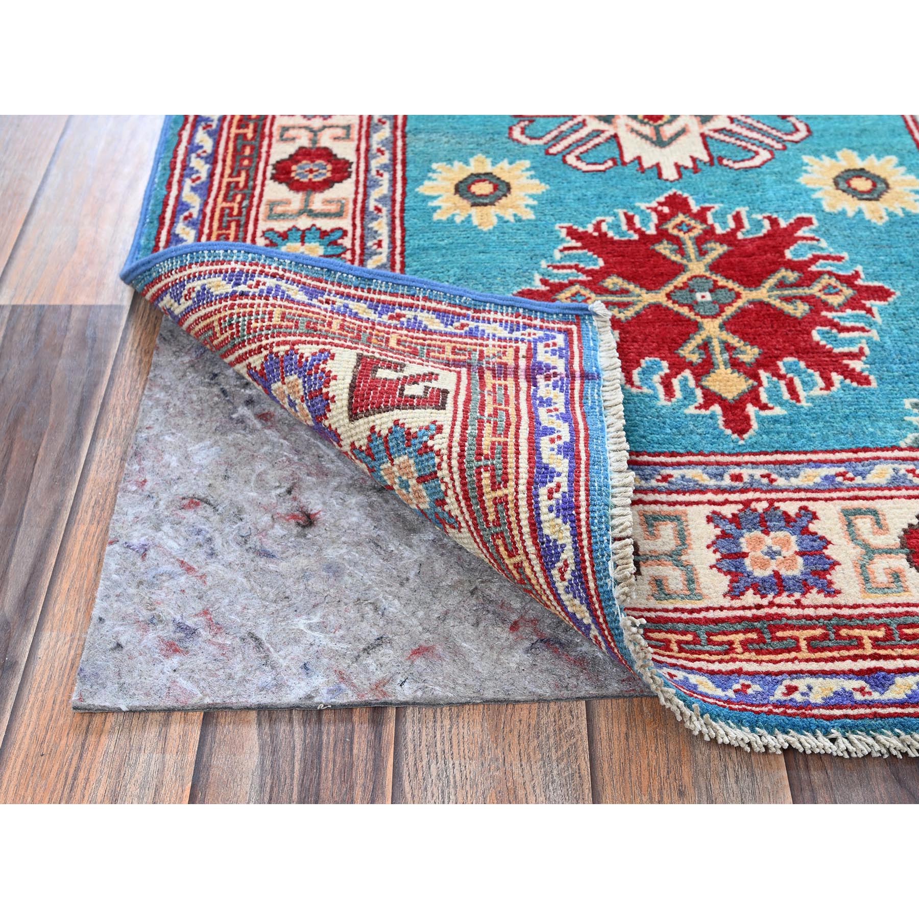 2'7"x4'1" Aqua Blue, Kazak with Tribal Medallions Design, Soft and Shiny Wool, Vegetable Dyes, Hand Knotted, Denser Weave, Sample, Mat, Oriental Rug Sh398