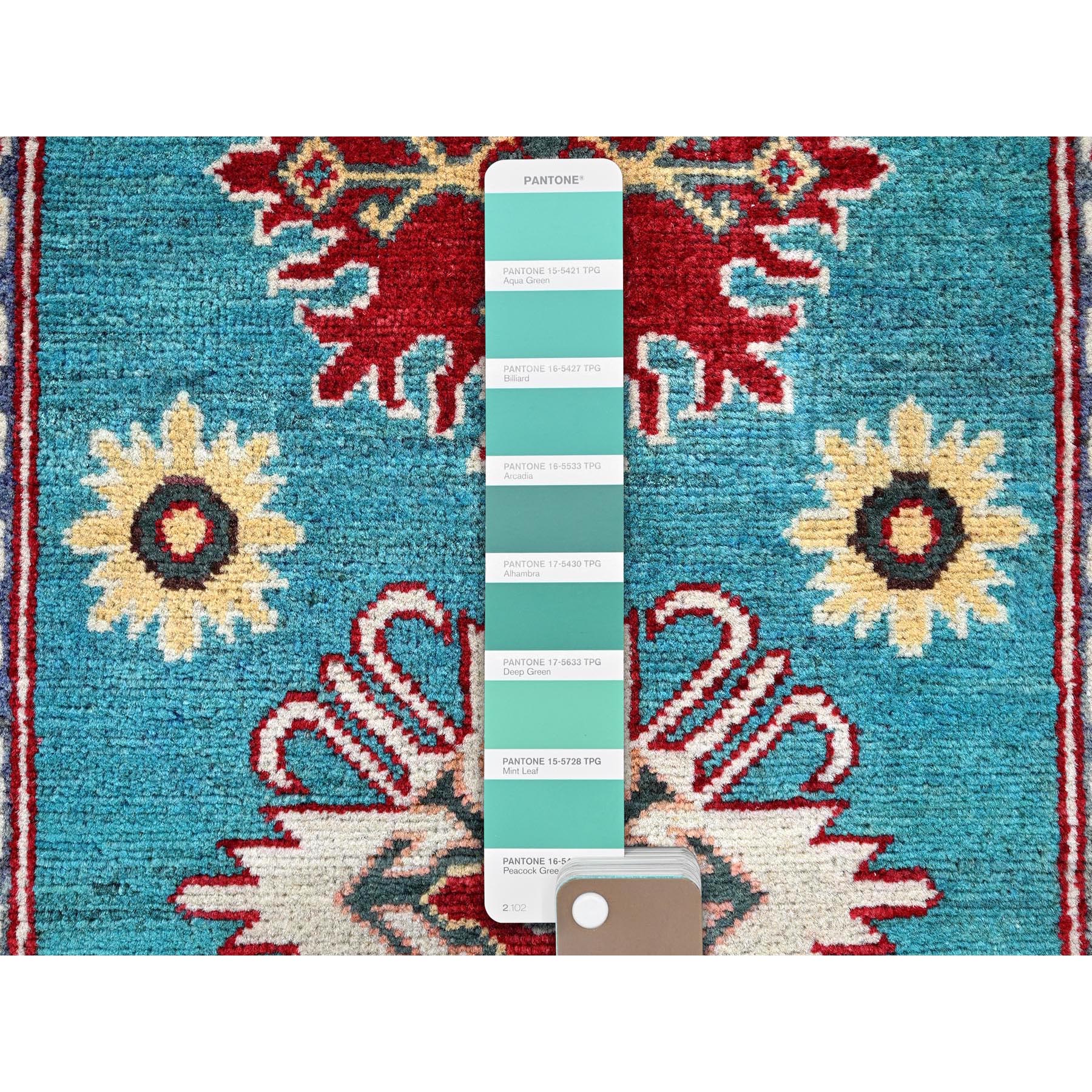 2'7"x4'1" Aqua Blue, Kazak with Tribal Medallions Design, Soft and Shiny Wool, Vegetable Dyes, Hand Knotted, Denser Weave, Sample, Mat, Oriental Rug Sh398