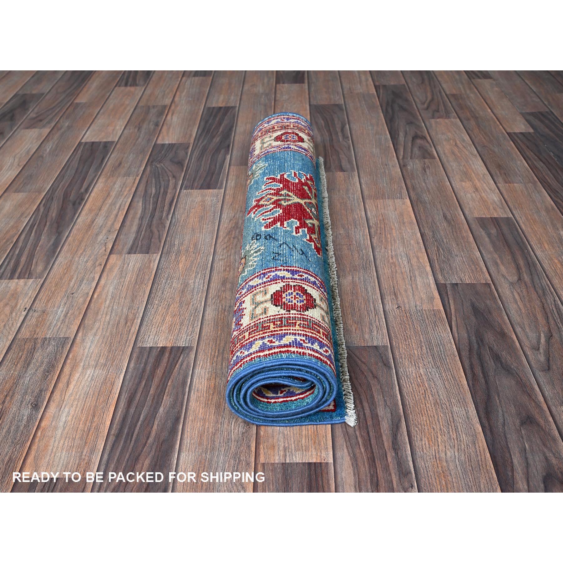 2'7"x4'1" Aqua Blue, Kazak with Tribal Medallions Design, Soft and Shiny Wool, Vegetable Dyes, Hand Knotted, Denser Weave, Sample, Mat, Oriental Rug Sh398