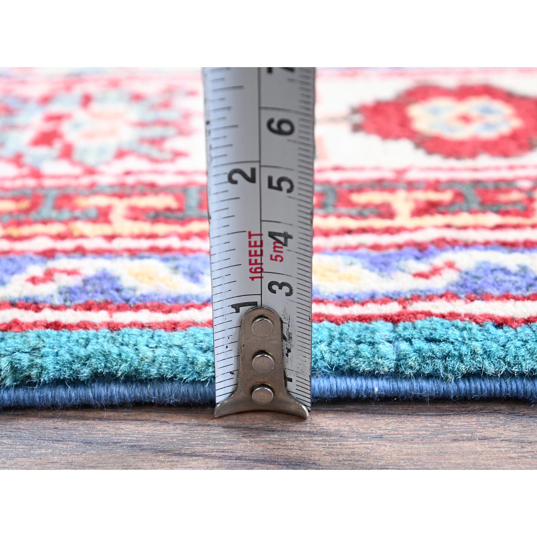 2'7"x4'1" Aqua Blue, Kazak with Tribal Medallions Design, Soft and Shiny Wool, Vegetable Dyes, Hand Knotted, Denser Weave, Sample, Mat, Oriental Rug Sh398