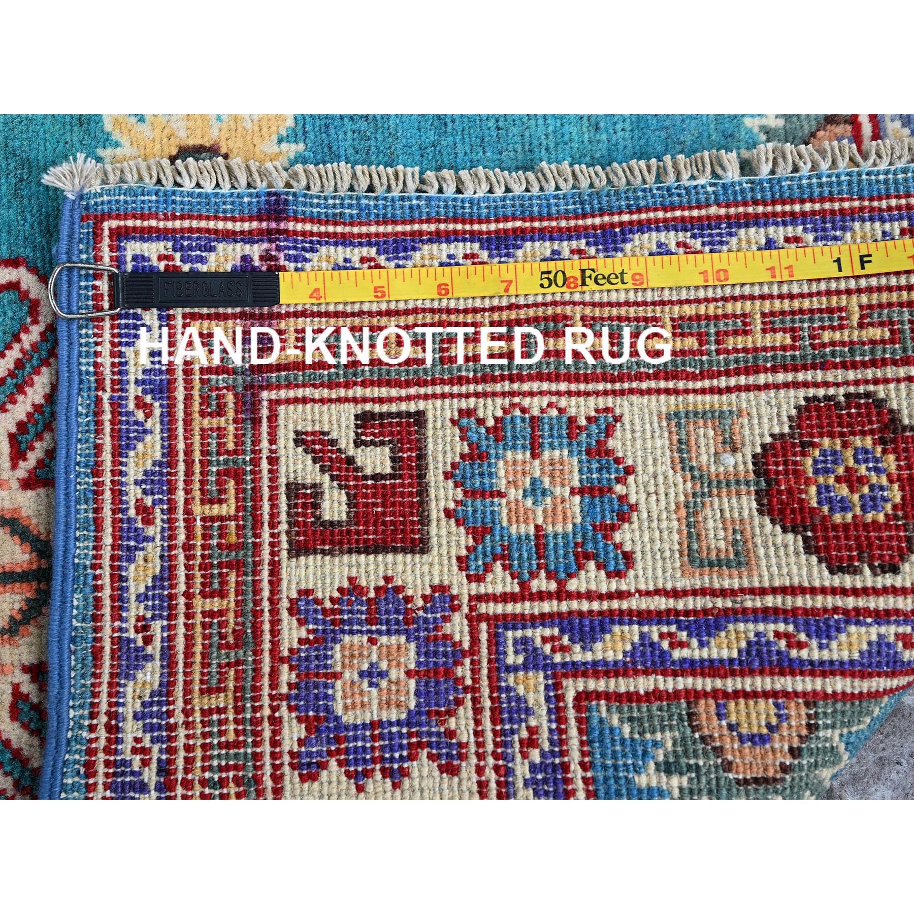 2'7"x4'1" Aqua Blue, Kazak with Tribal Medallions Design, Soft and Shiny Wool, Vegetable Dyes, Hand Knotted, Denser Weave, Sample, Mat, Oriental Rug Sh398