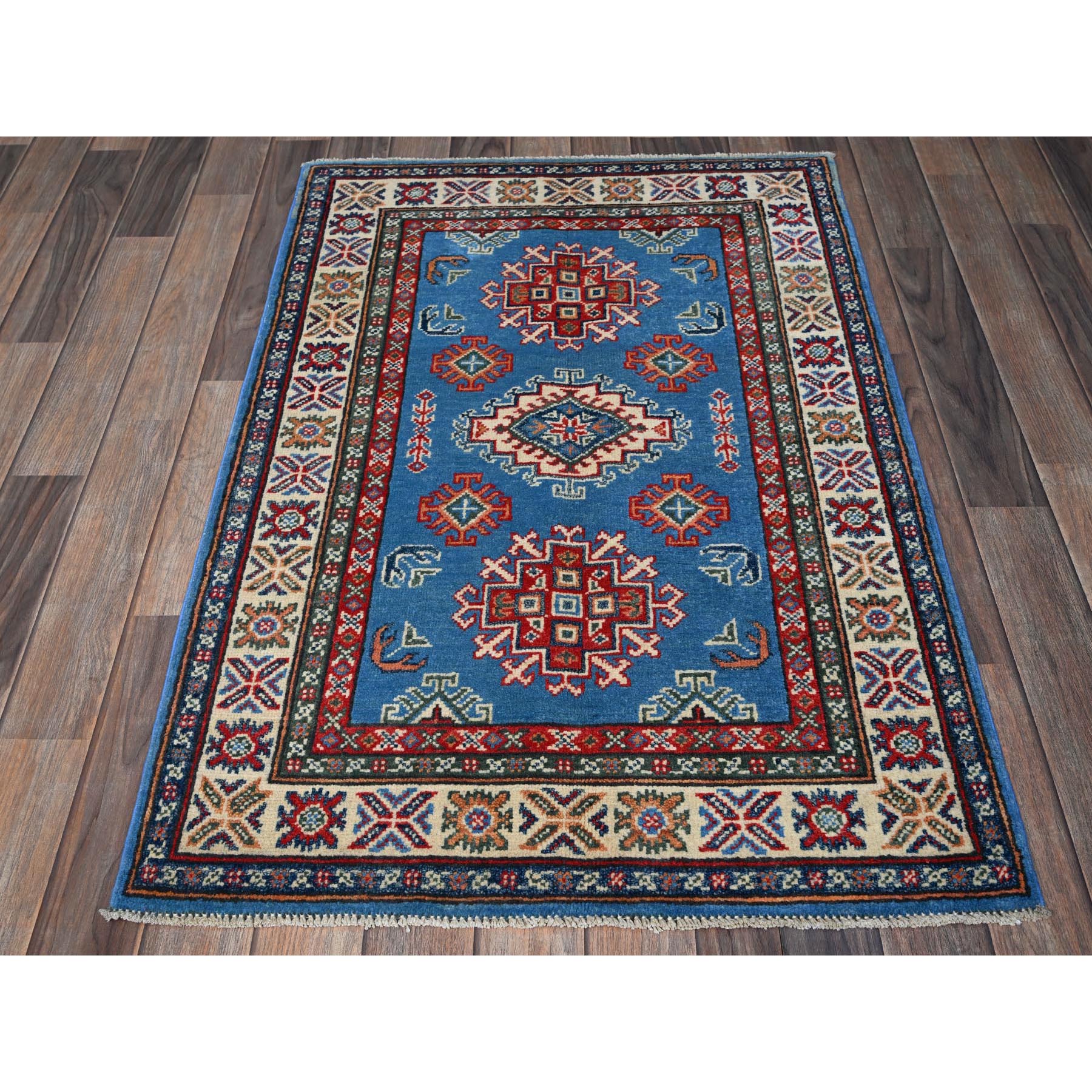 2'9"x4'1" Cerulean Blue, Kazak with Tribal Medallions Design, Vegetable Dyes, Hand Knotted, Soft and Shiny Wool, Denser Weave, Sample, Mat, Oriental Rug Sh399