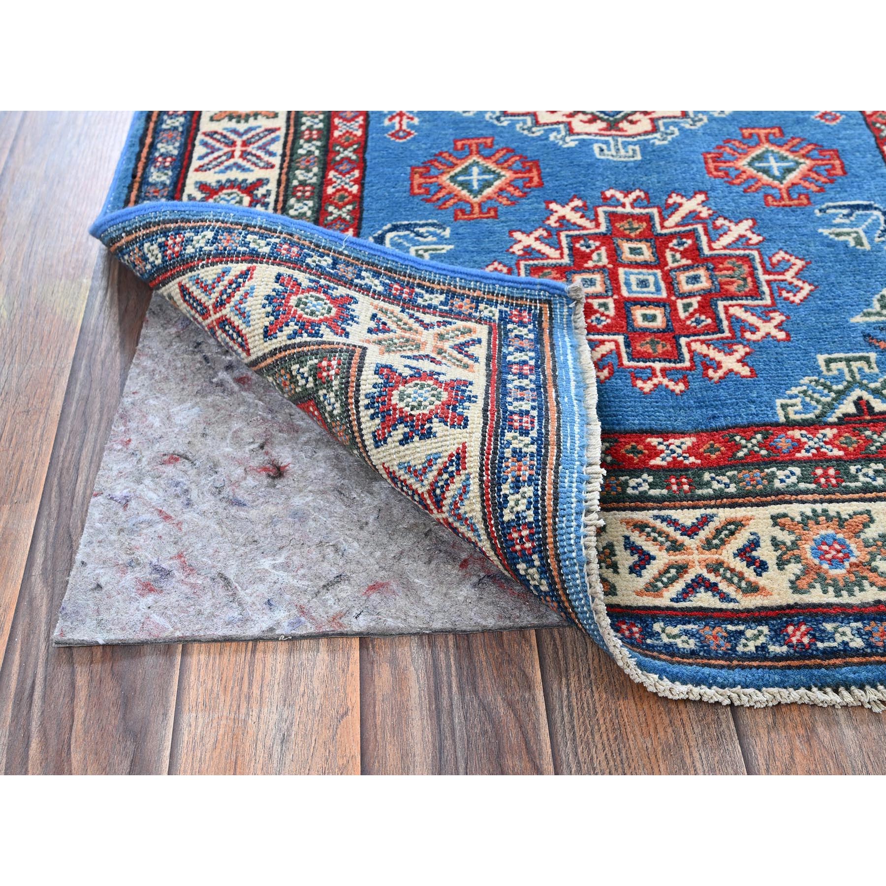 2'9"x4'1" Cerulean Blue, Kazak with Tribal Medallions Design, Vegetable Dyes, Hand Knotted, Soft and Shiny Wool, Denser Weave, Sample, Mat, Oriental Rug Sh399