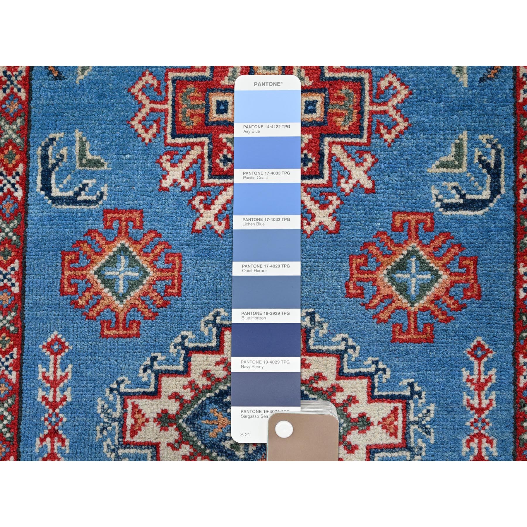 2'9"x4'1" Cerulean Blue, Kazak with Tribal Medallions Design, Vegetable Dyes, Hand Knotted, Soft and Shiny Wool, Denser Weave, Sample, Mat, Oriental Rug Sh399