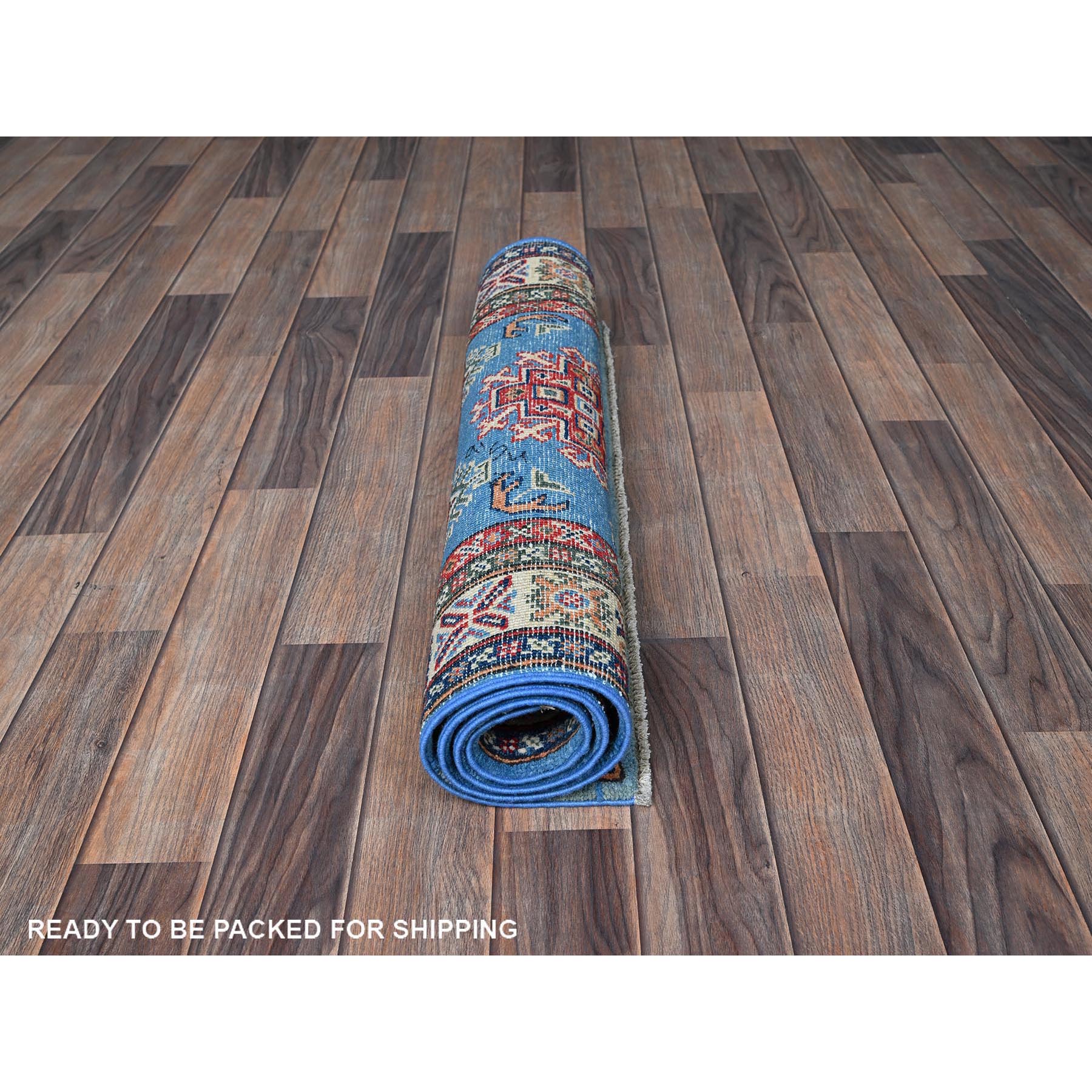 2'9"x4'1" Cerulean Blue, Kazak with Tribal Medallions Design, Vegetable Dyes, Hand Knotted, Soft and Shiny Wool, Denser Weave, Sample, Mat, Oriental Rug Sh399