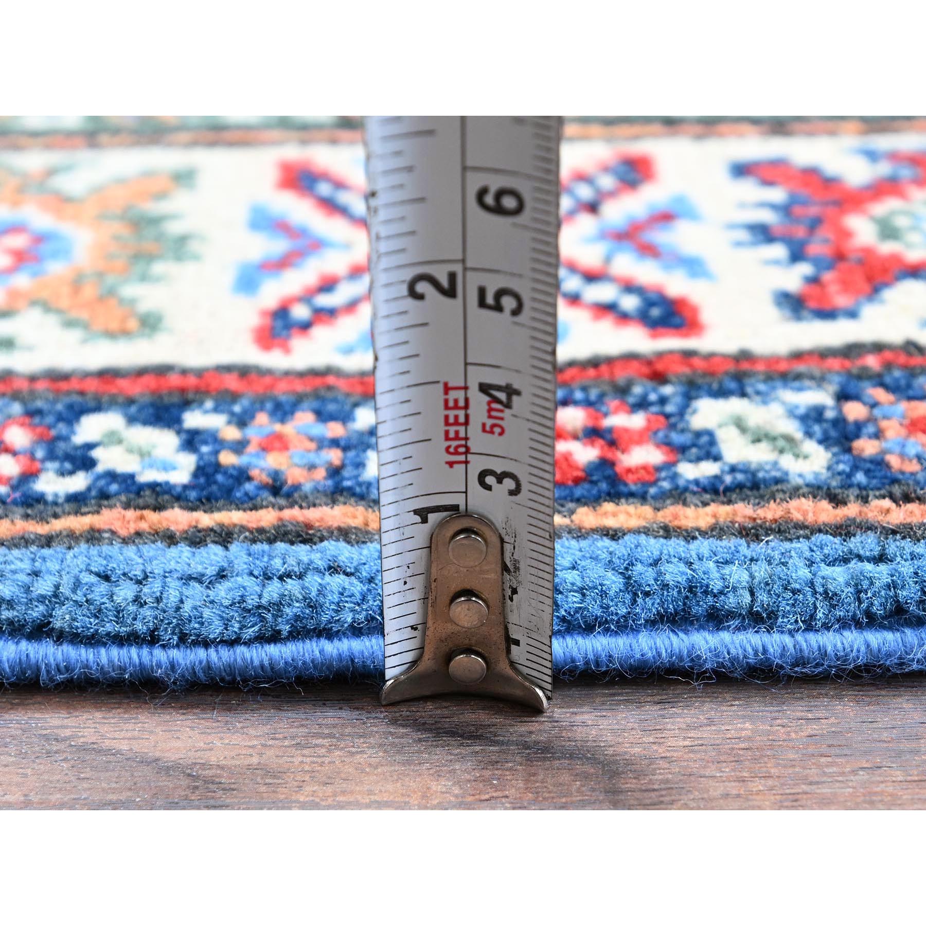 2'9"x4'1" Cerulean Blue, Kazak with Tribal Medallions Design, Vegetable Dyes, Hand Knotted, Soft and Shiny Wool, Denser Weave, Sample, Mat, Oriental Rug Sh399