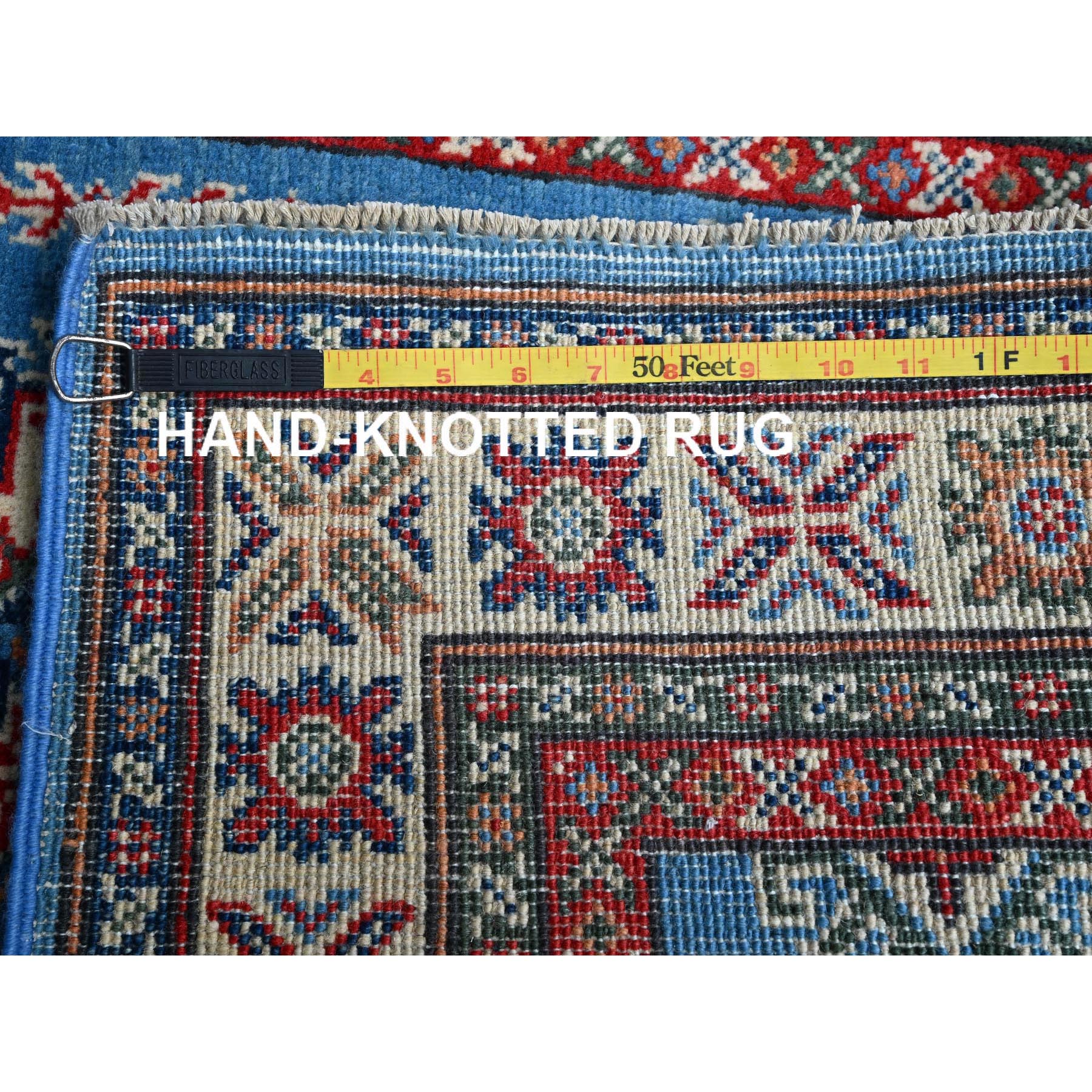 2'9"x4'1" Cerulean Blue, Kazak with Tribal Medallions Design, Vegetable Dyes, Hand Knotted, Soft and Shiny Wool, Denser Weave, Sample, Mat, Oriental Rug Sh399