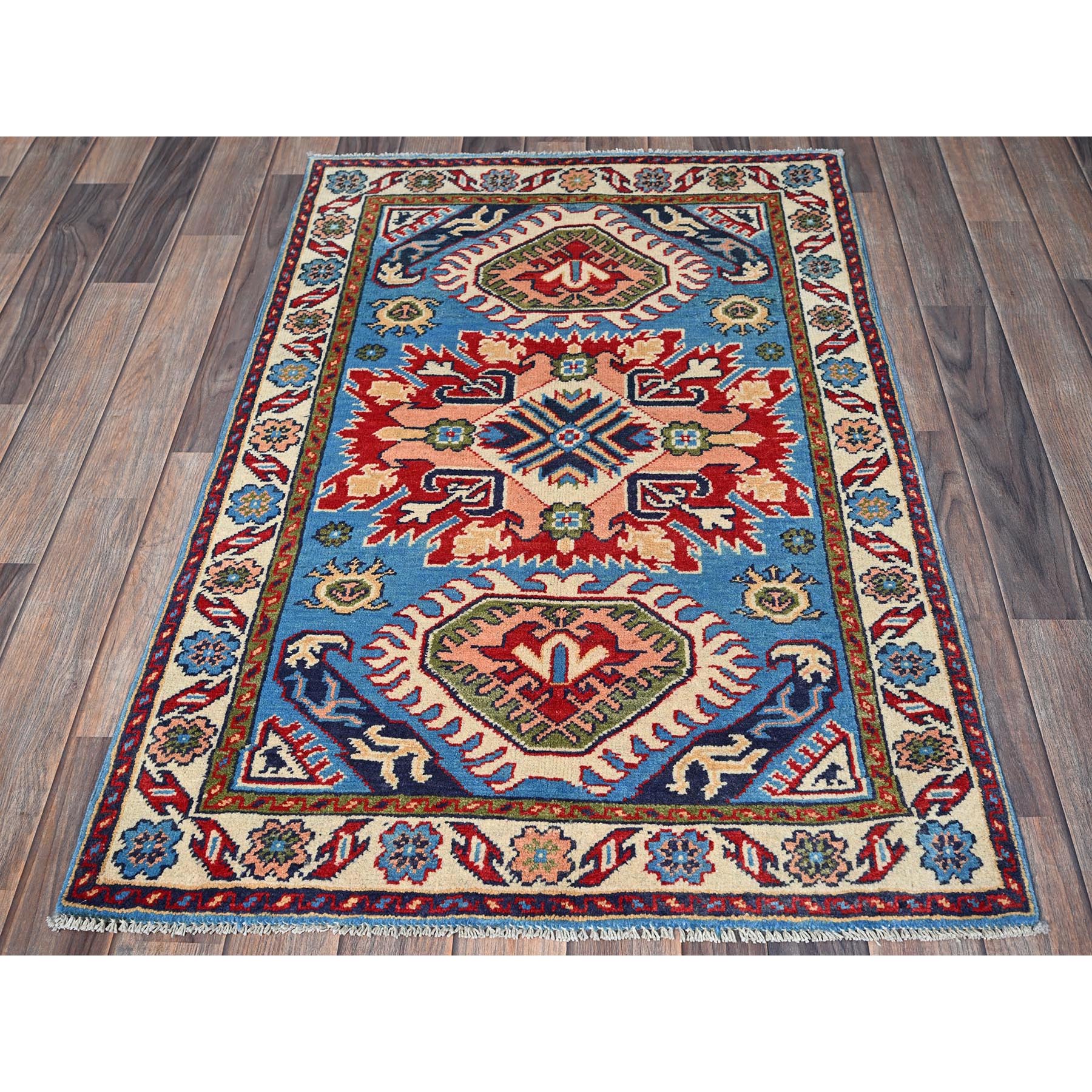 2'8"x4' Bayern Blue, Kazak with Geometric Medallions Design, Hand Knotted, Soft and Shiny Wool, Vegetable Dyes, Denser Weave, Sample, Mat, Oriental Rug Sh400