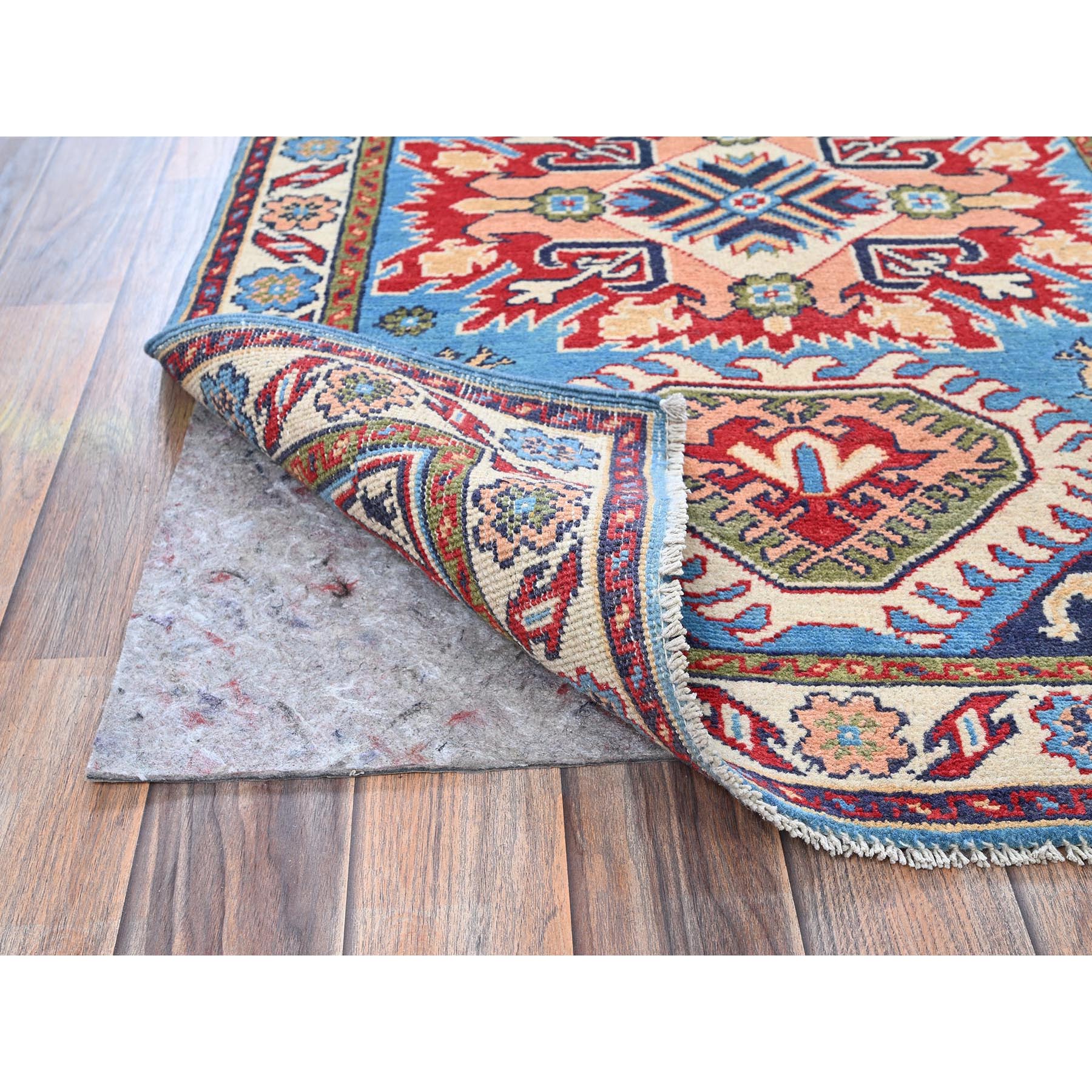 2'8"x4' Bayern Blue, Kazak with Geometric Medallions Design, Hand Knotted, Soft and Shiny Wool, Vegetable Dyes, Denser Weave, Sample, Mat, Oriental Rug Sh400