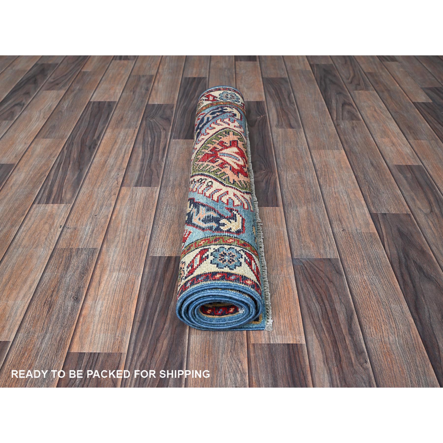 2'8"x4' Bayern Blue, Kazak with Geometric Medallions Design, Hand Knotted, Soft and Shiny Wool, Vegetable Dyes, Denser Weave, Sample, Mat, Oriental Rug Sh400